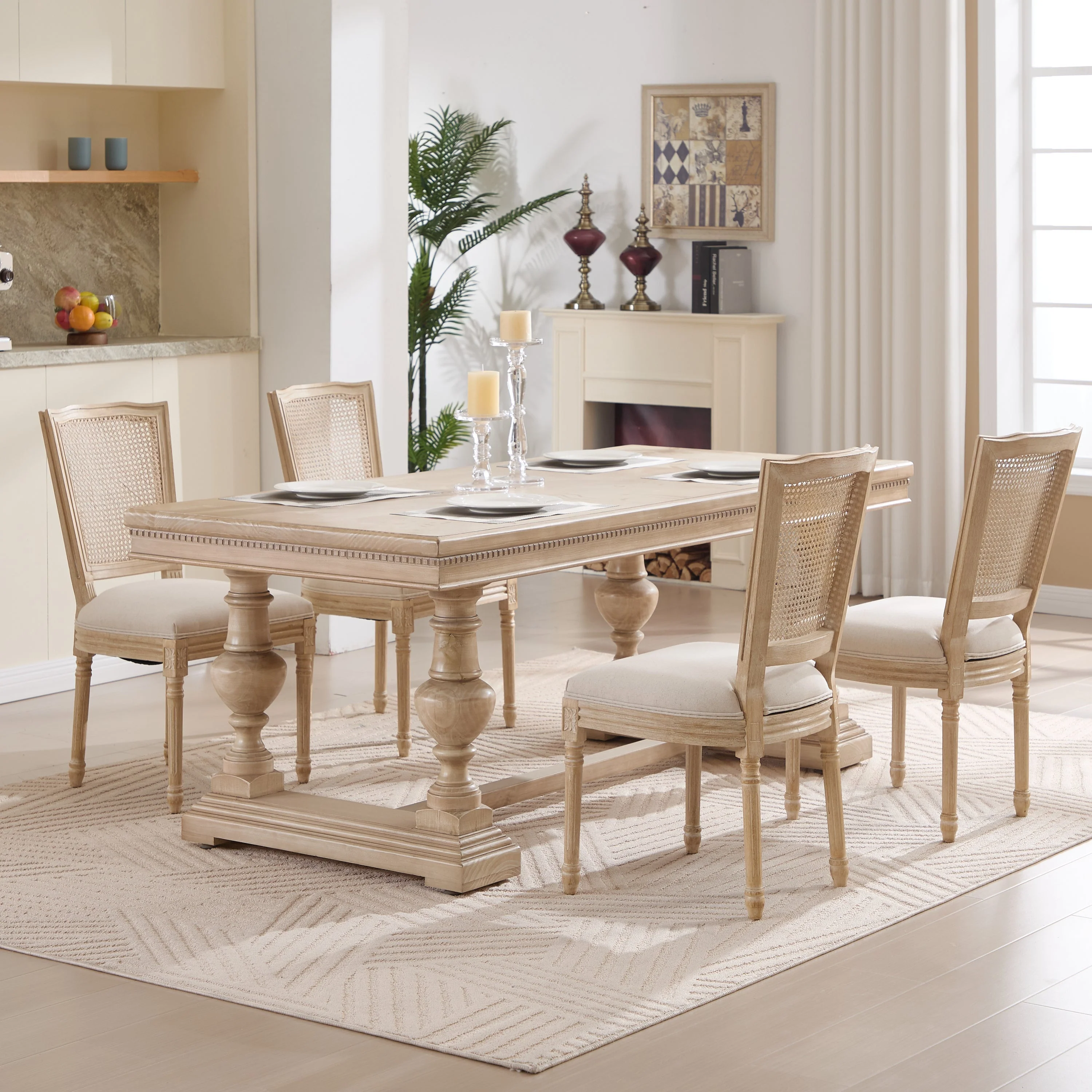 French Country Dining Chairs Set of 2 Upholstered With Natural Rattan Back - Image 14