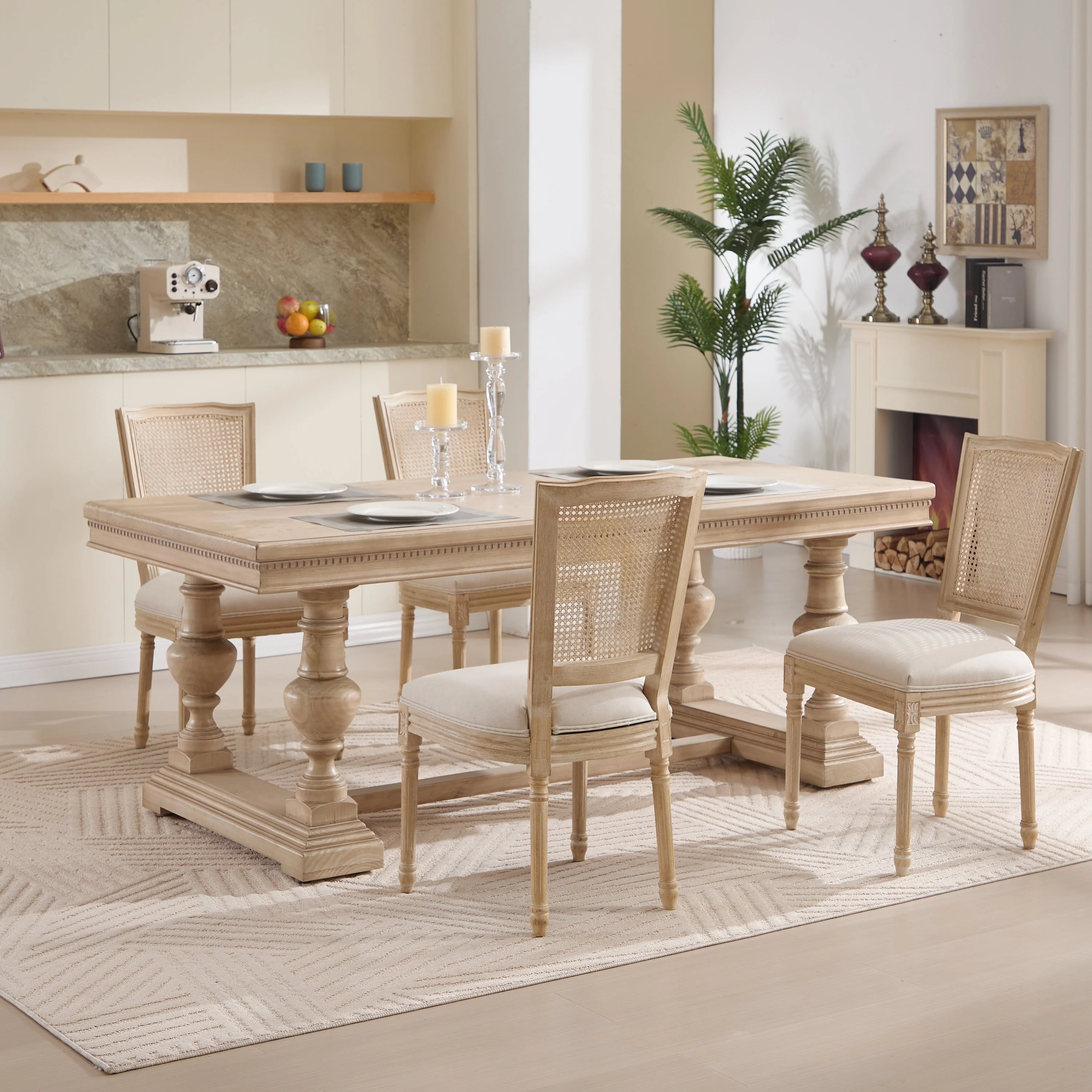 French Country Dining Chairs Set of 2 Upholstered With Natural Rattan Back - Image 15