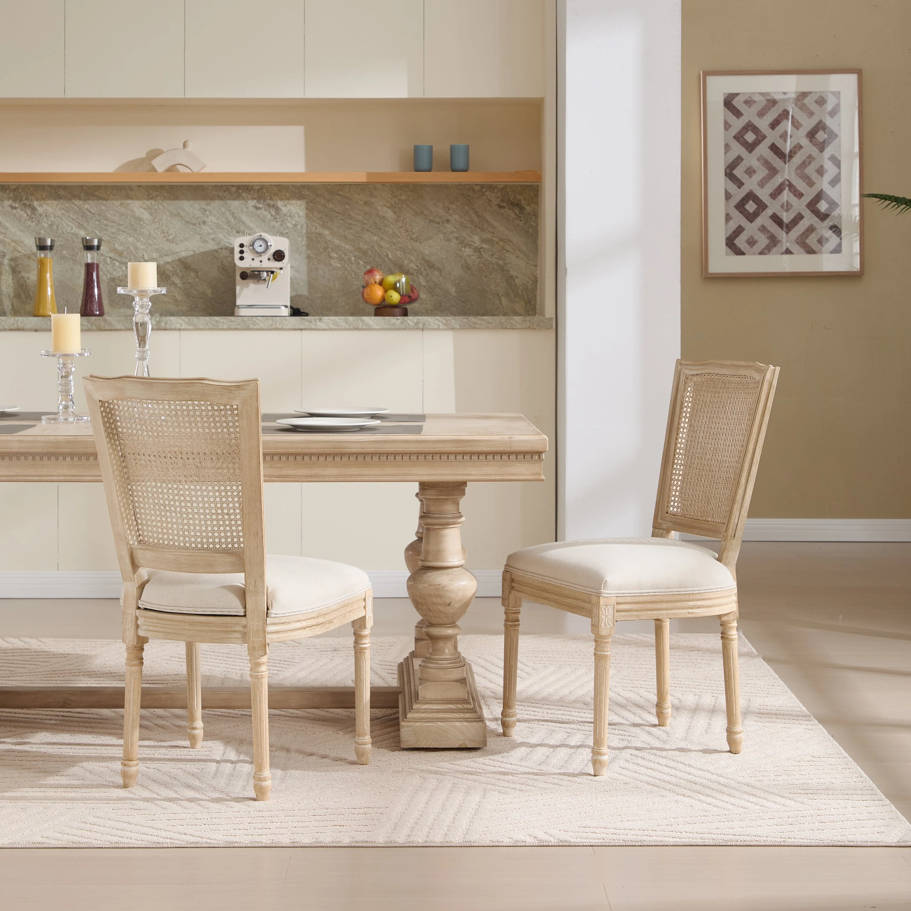 French Country Dining Chairs Set of 2 Upholstered With Natural Rattan Back - Image 16