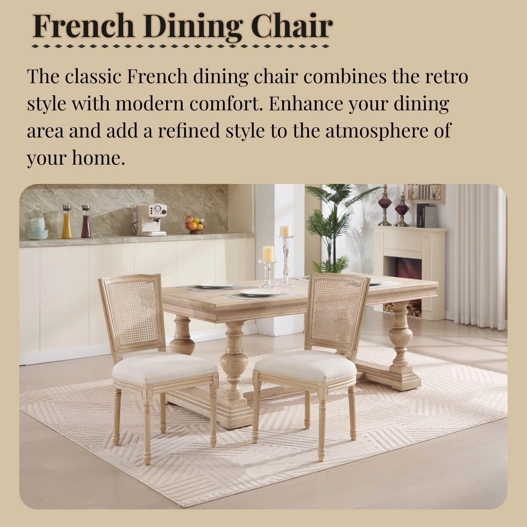French Country Dining Chairs Set of 2 Upholstered With Natural Rattan Back - Image 3