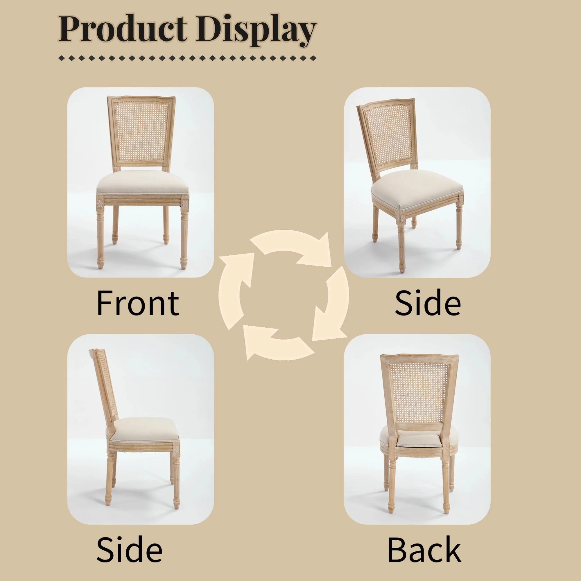 French Country Dining Chairs Set of 2 Upholstered With Natural Rattan Back - Image 5