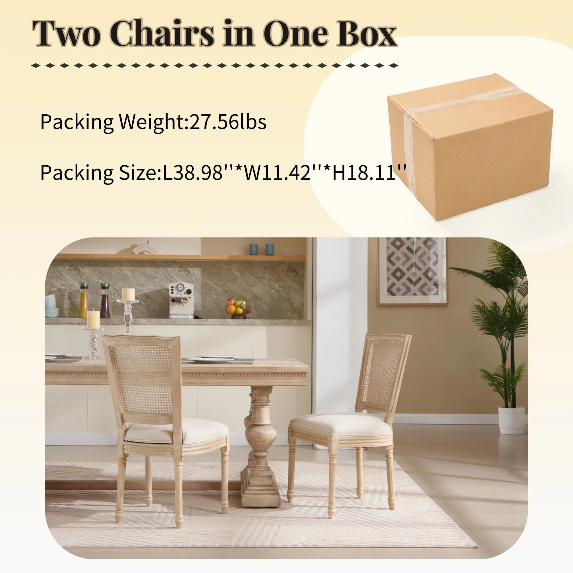 French Country Dining Chairs Set of 2 Upholstered With Natural Rattan Back - Image 8