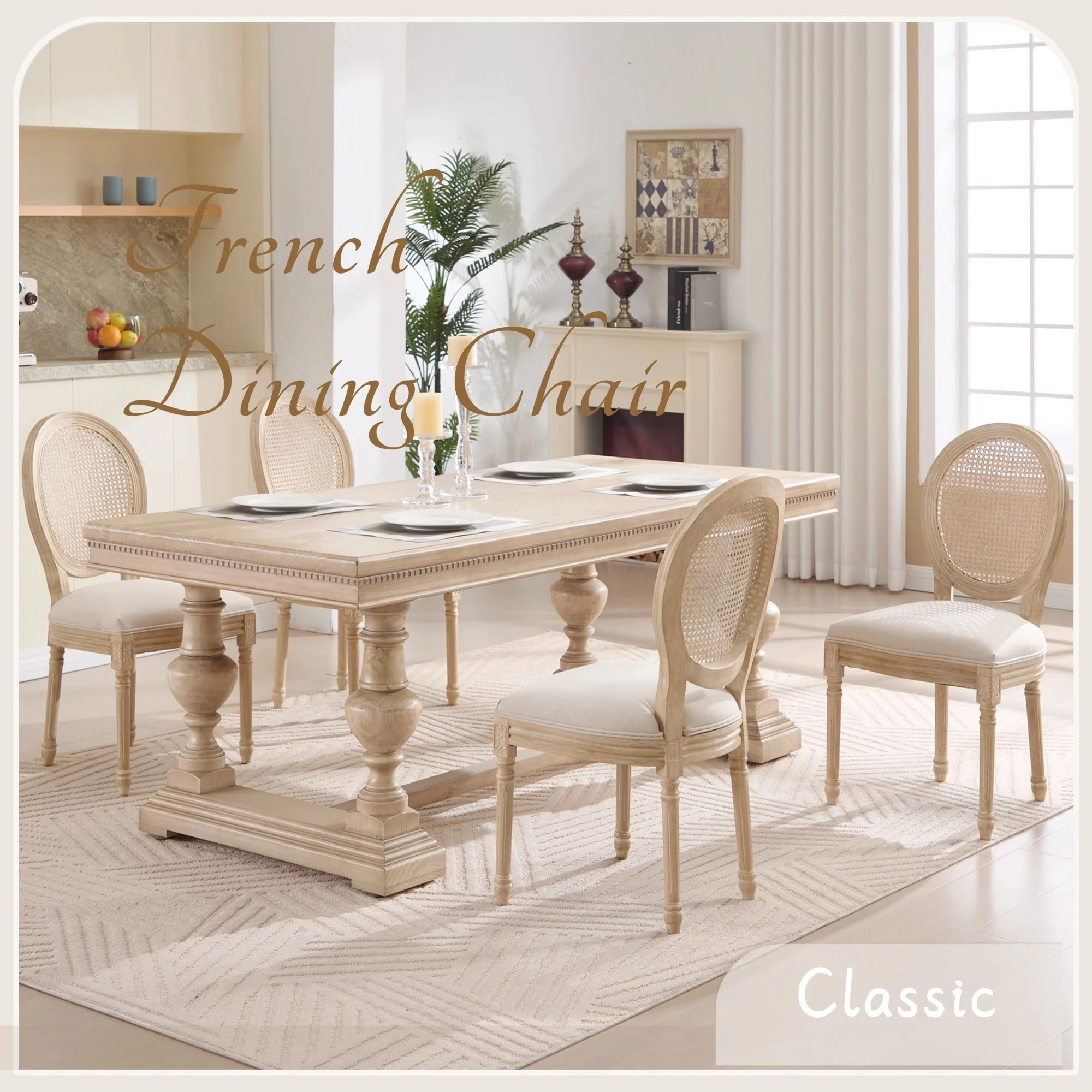 French Country Dining Chairs Set of 2 Upholstered with Rattan Back - Image 10