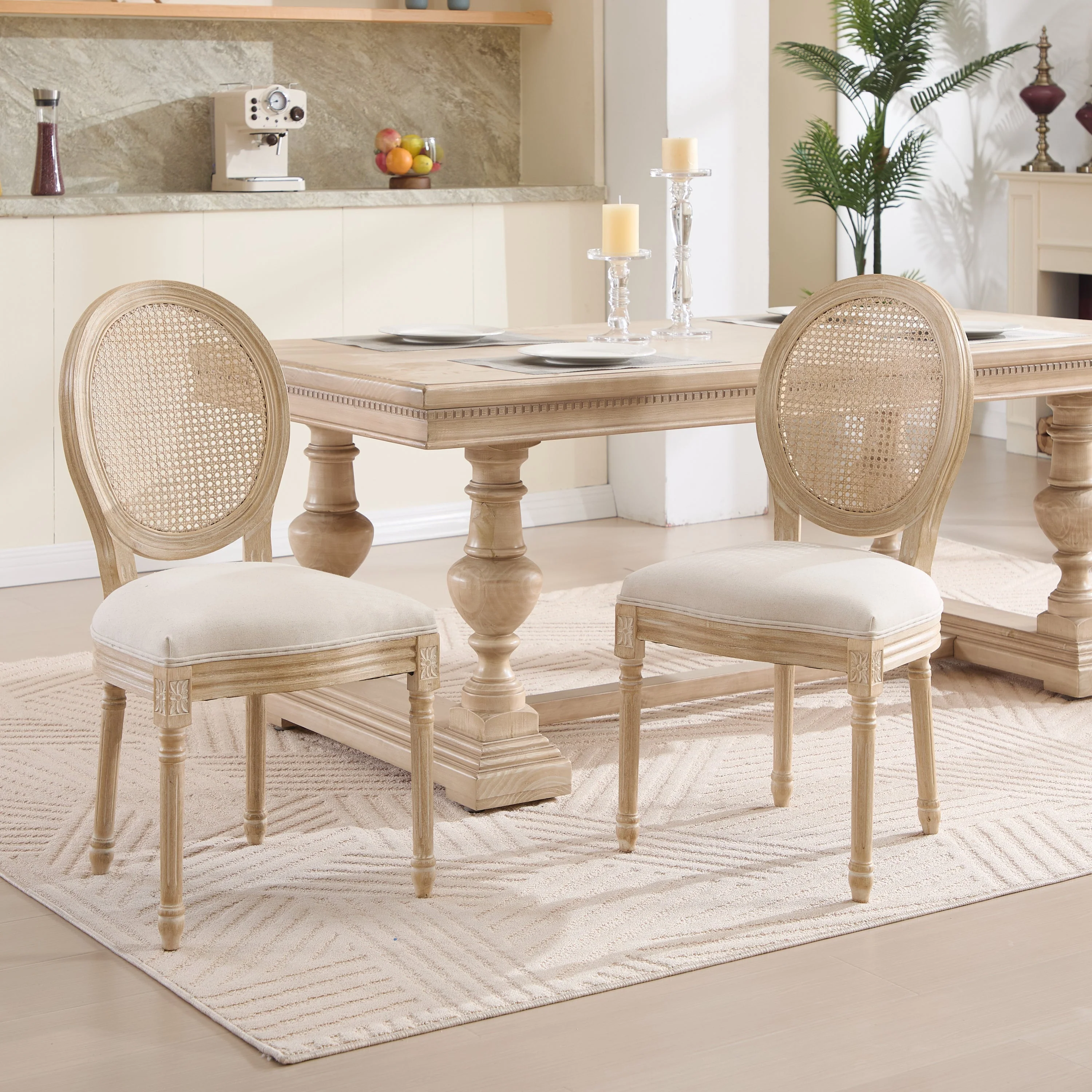 French Country Dining Chairs Set of 2 Upholstered with Rattan Back - Image 11