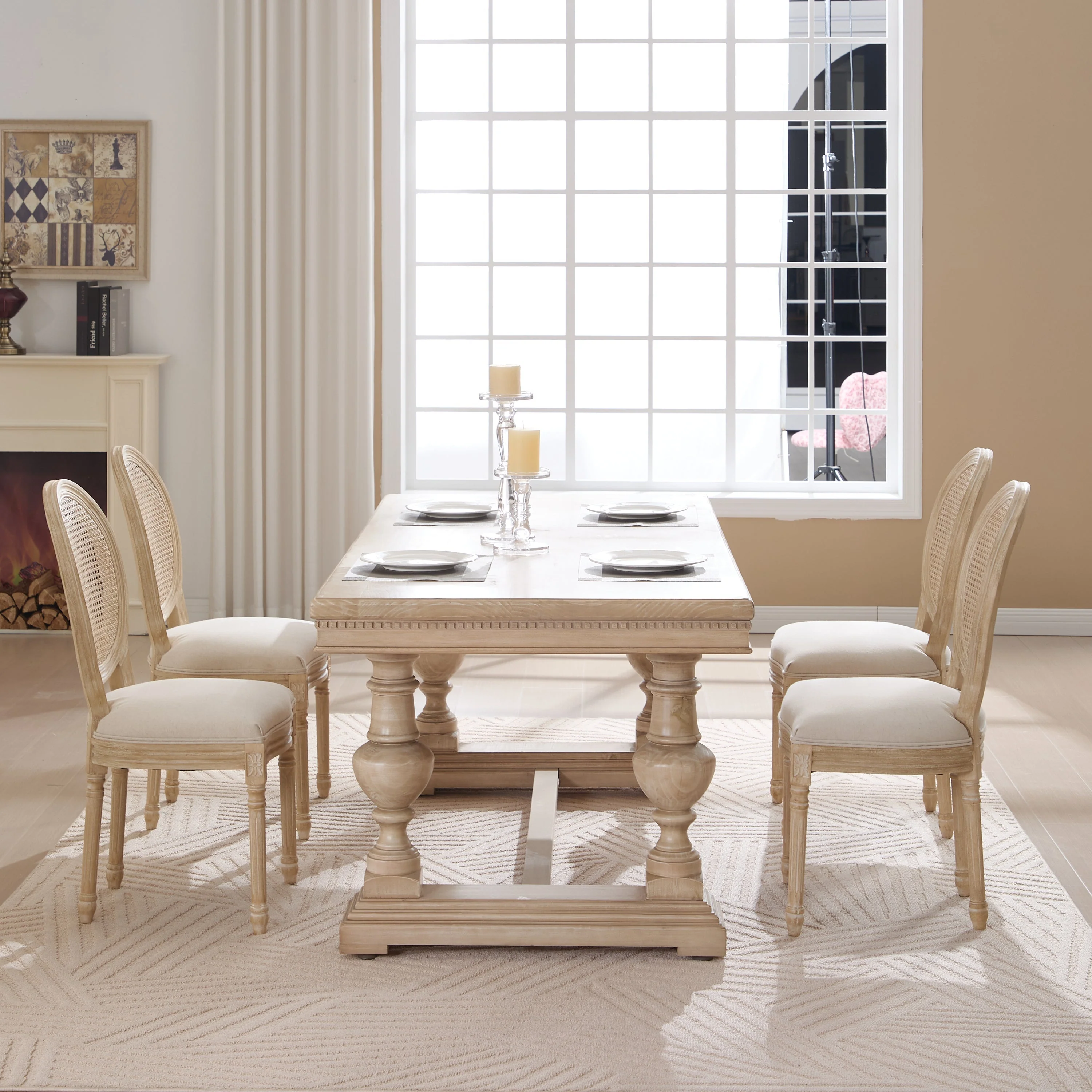 French Country Dining Chairs Set of 2 Upholstered with Rattan Back - Image 12