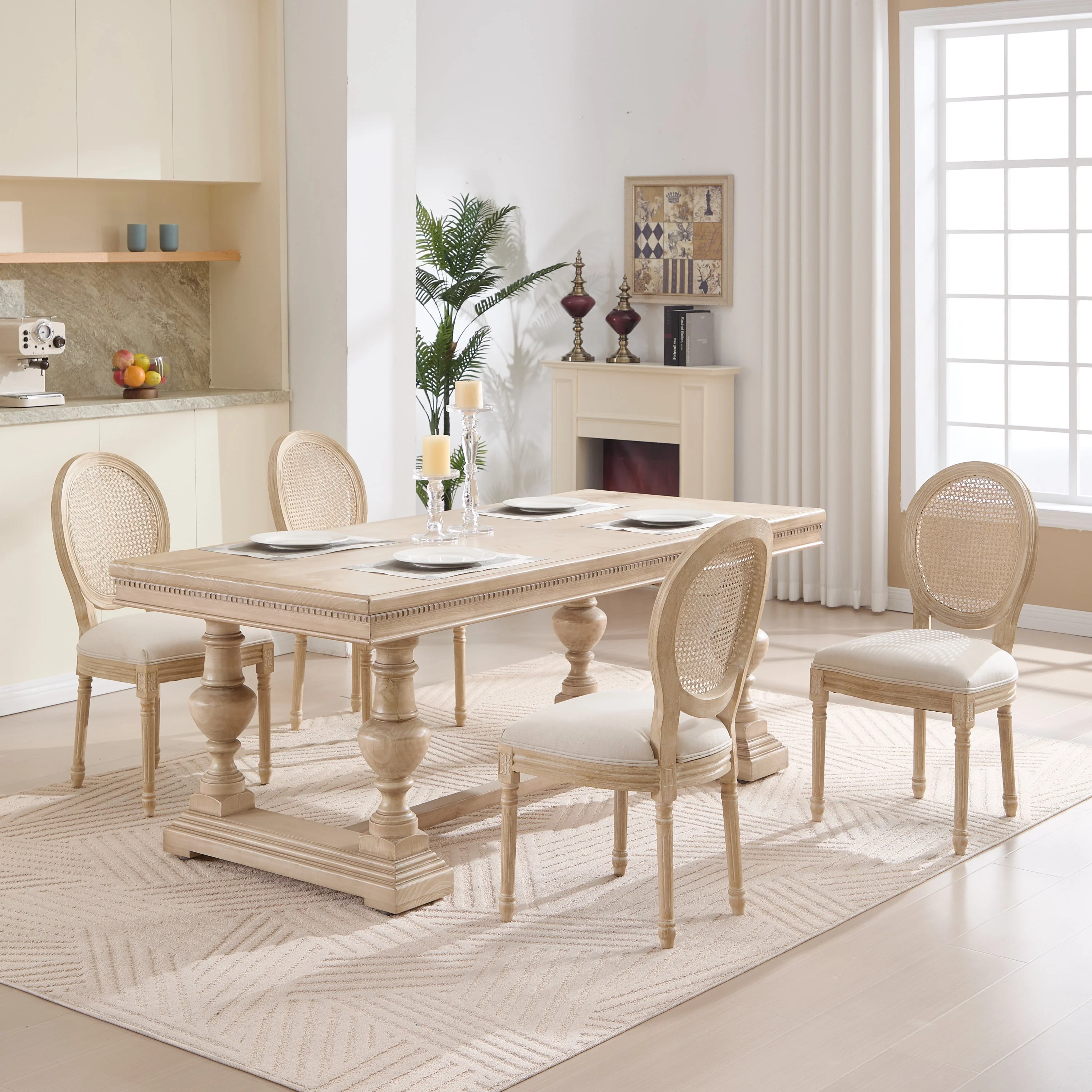 French Country Dining Chairs Set of 2 Upholstered with Rattan Back - Image 14