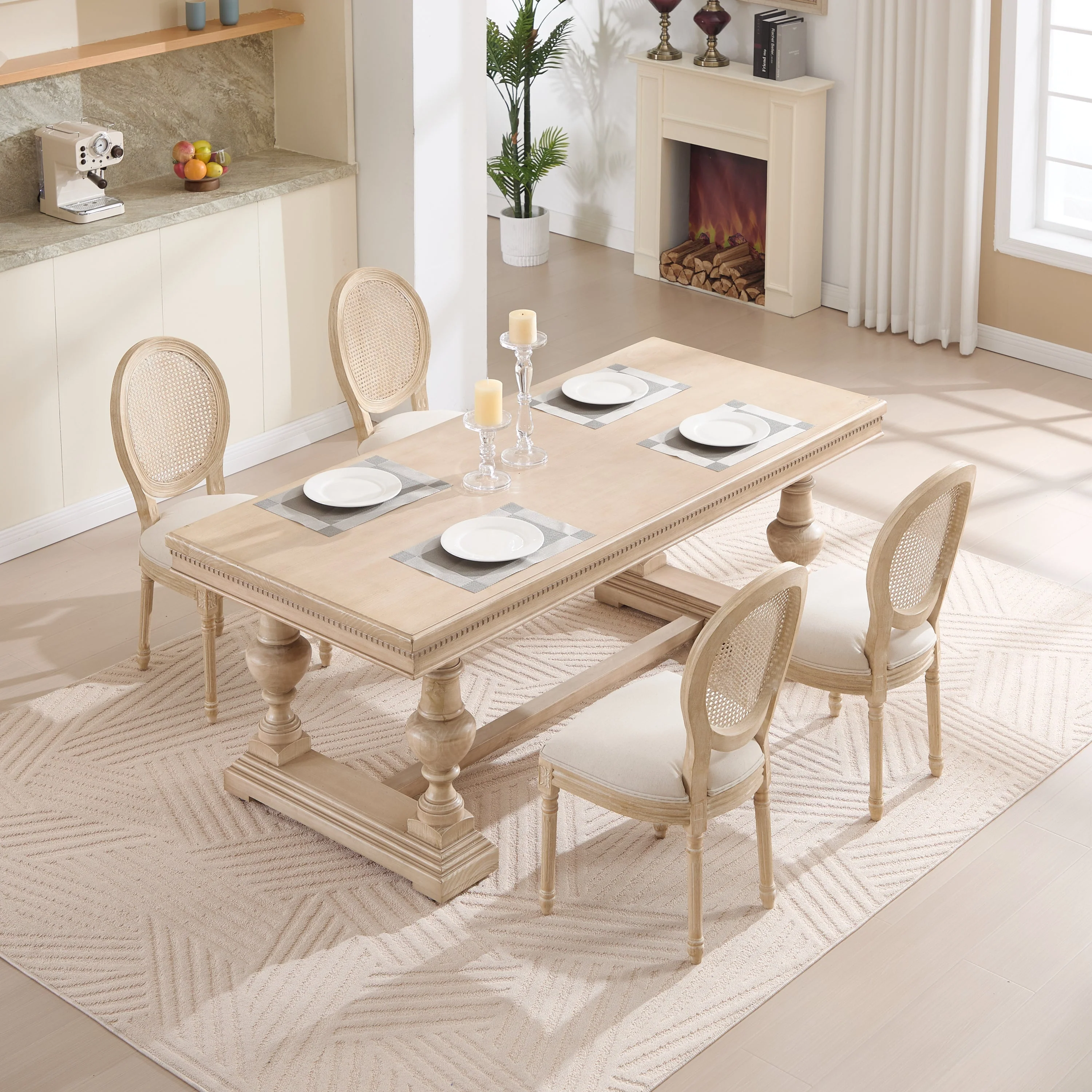 French Country Dining Chairs Set of 2 Upholstered with Rattan Back - Image 15