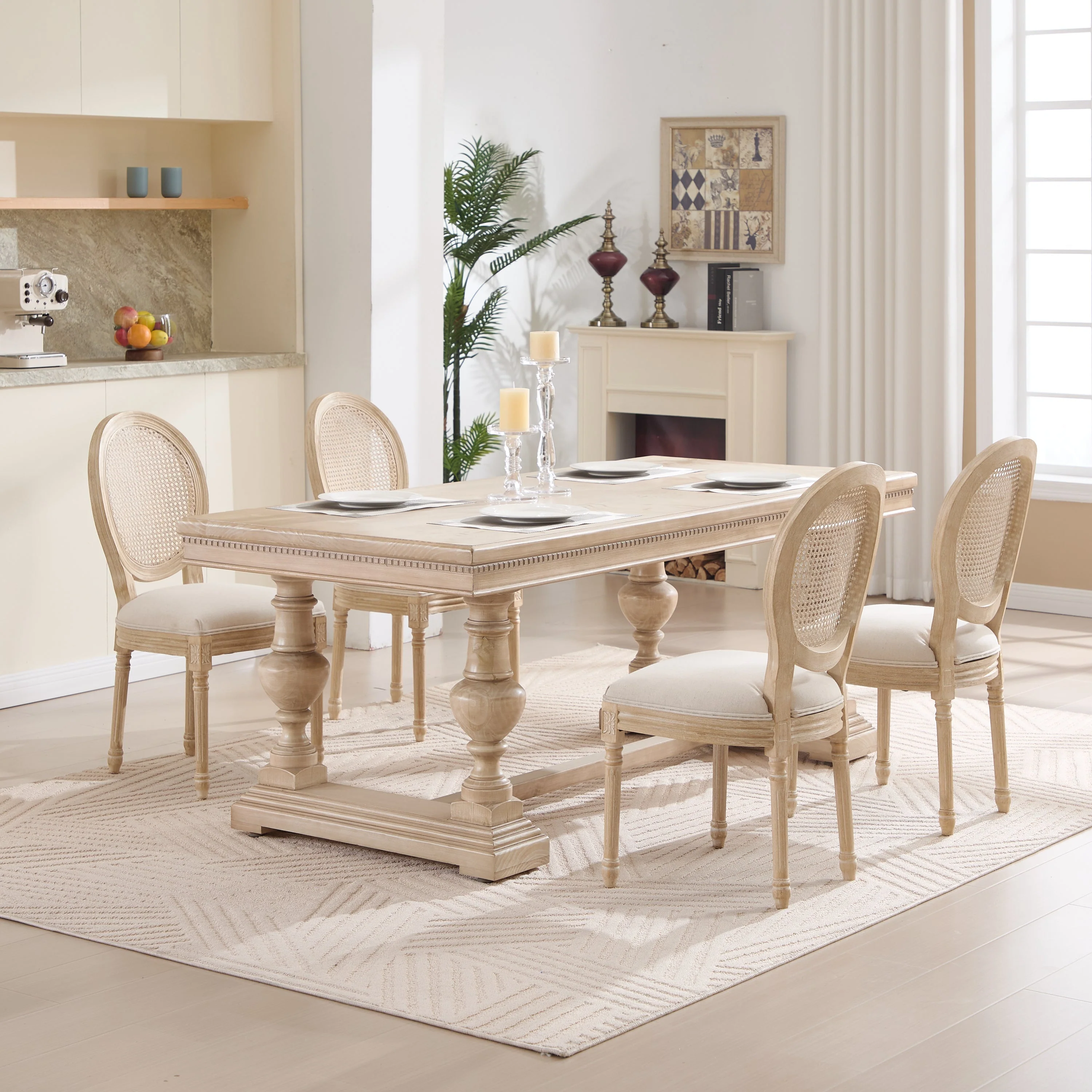 French Country Dining Chairs Set of 2 Upholstered with Rattan Back - Image 16