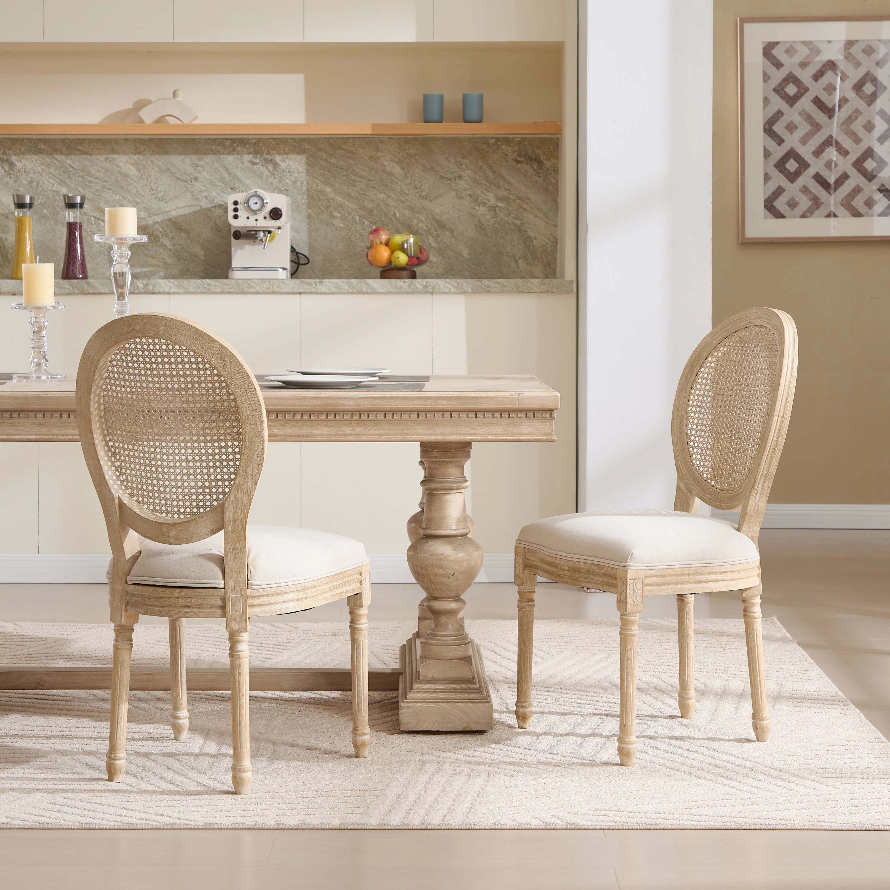 French Country Dining Chairs Set of 2 Upholstered with Rattan Back - Image 2