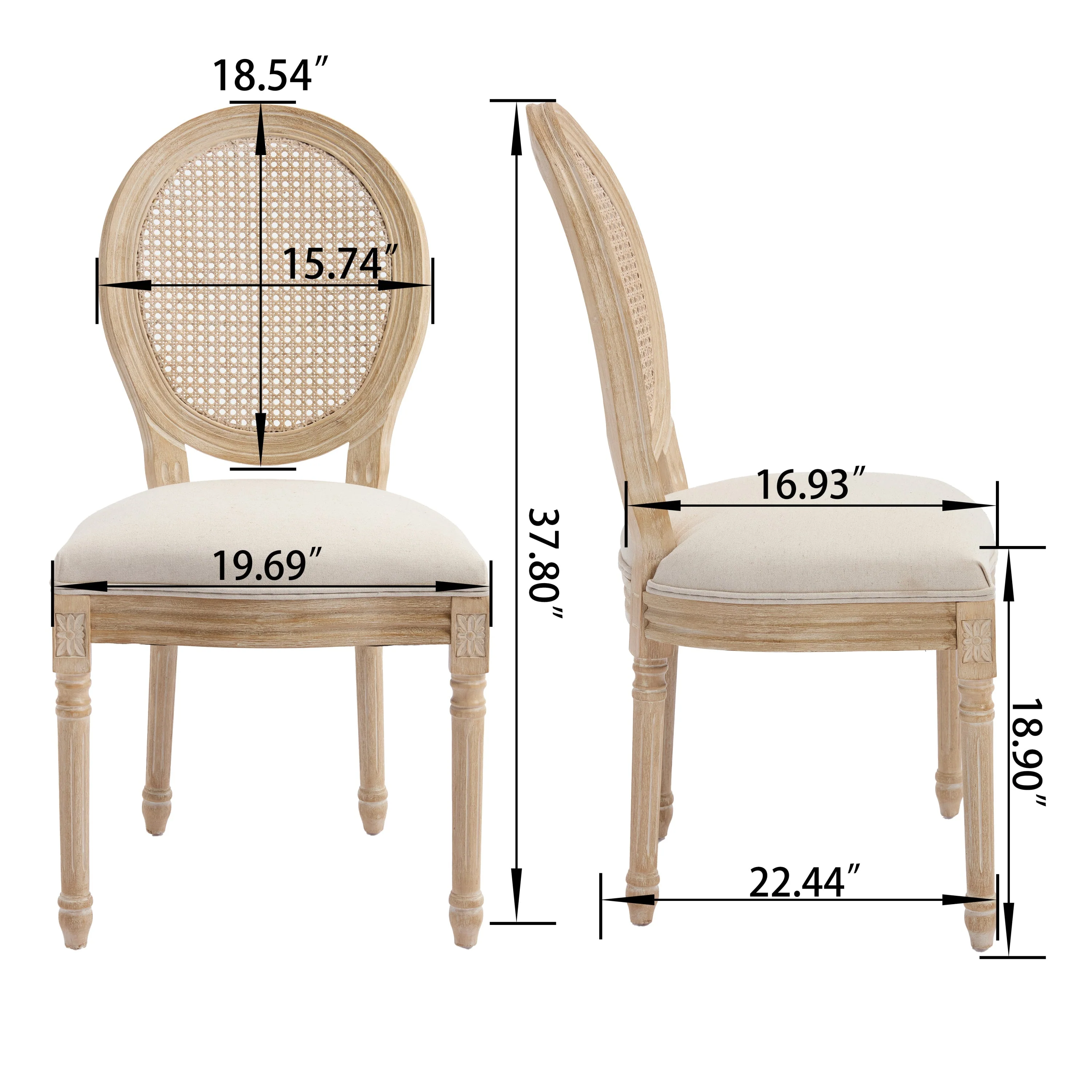 French Country Dining Chairs Set of 2 Upholstered with Rattan Back - Image 23