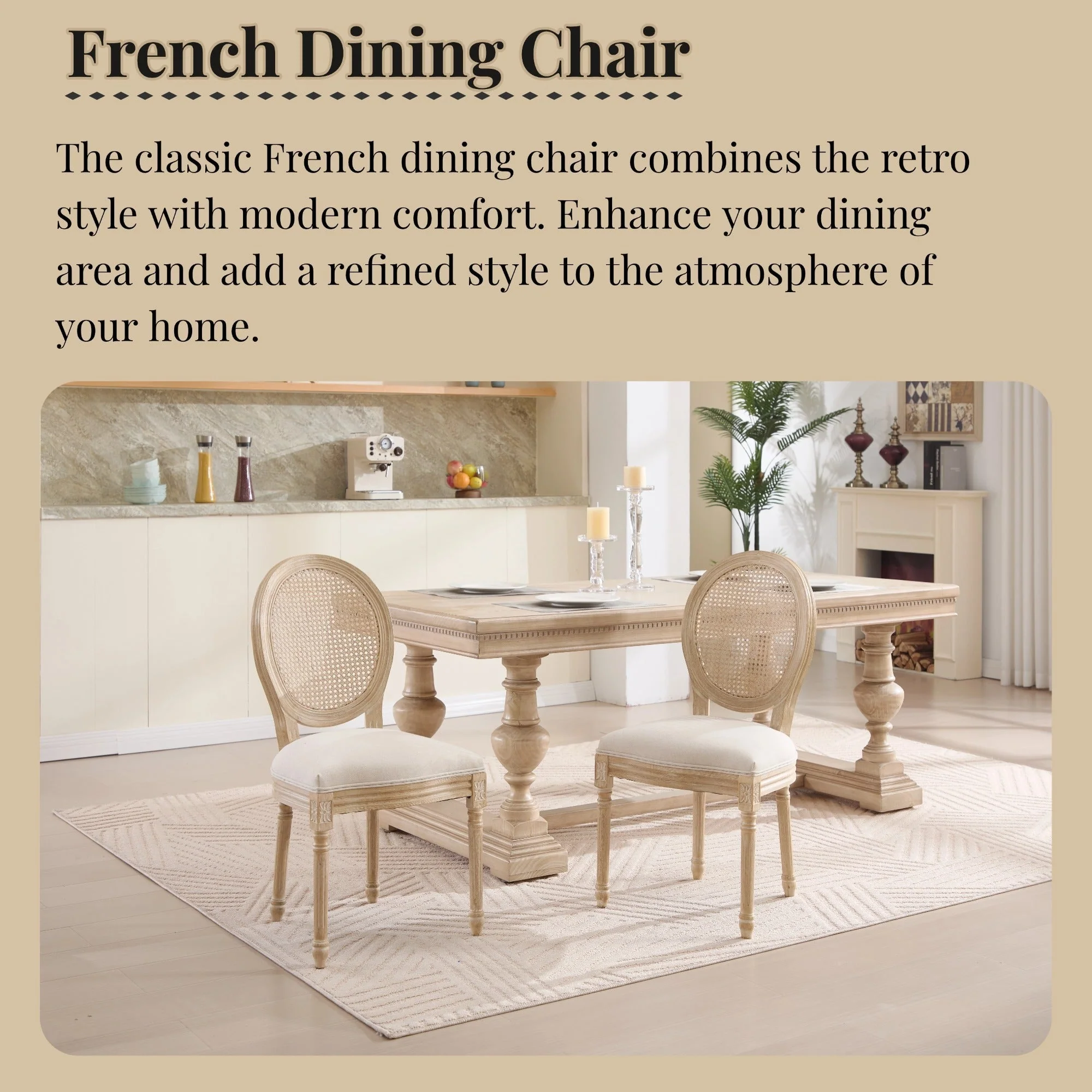 French Country Dining Chairs Set of 2 Upholstered with Rattan Back - Image 3