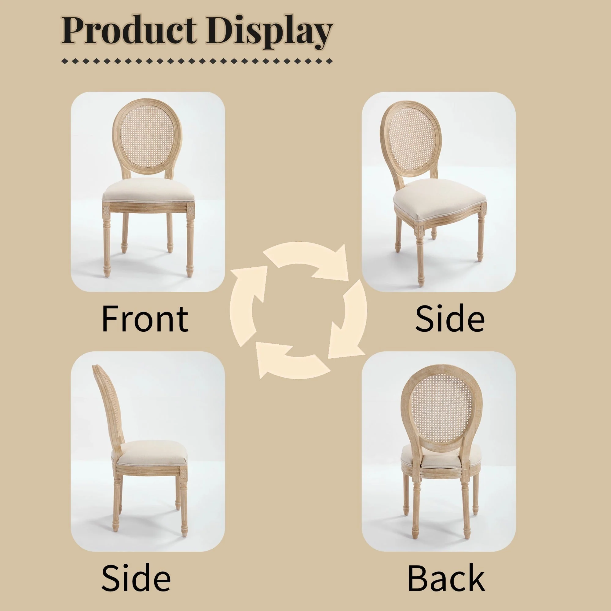 French Country Dining Chairs Set of 2 Upholstered with Rattan Back - Image 5