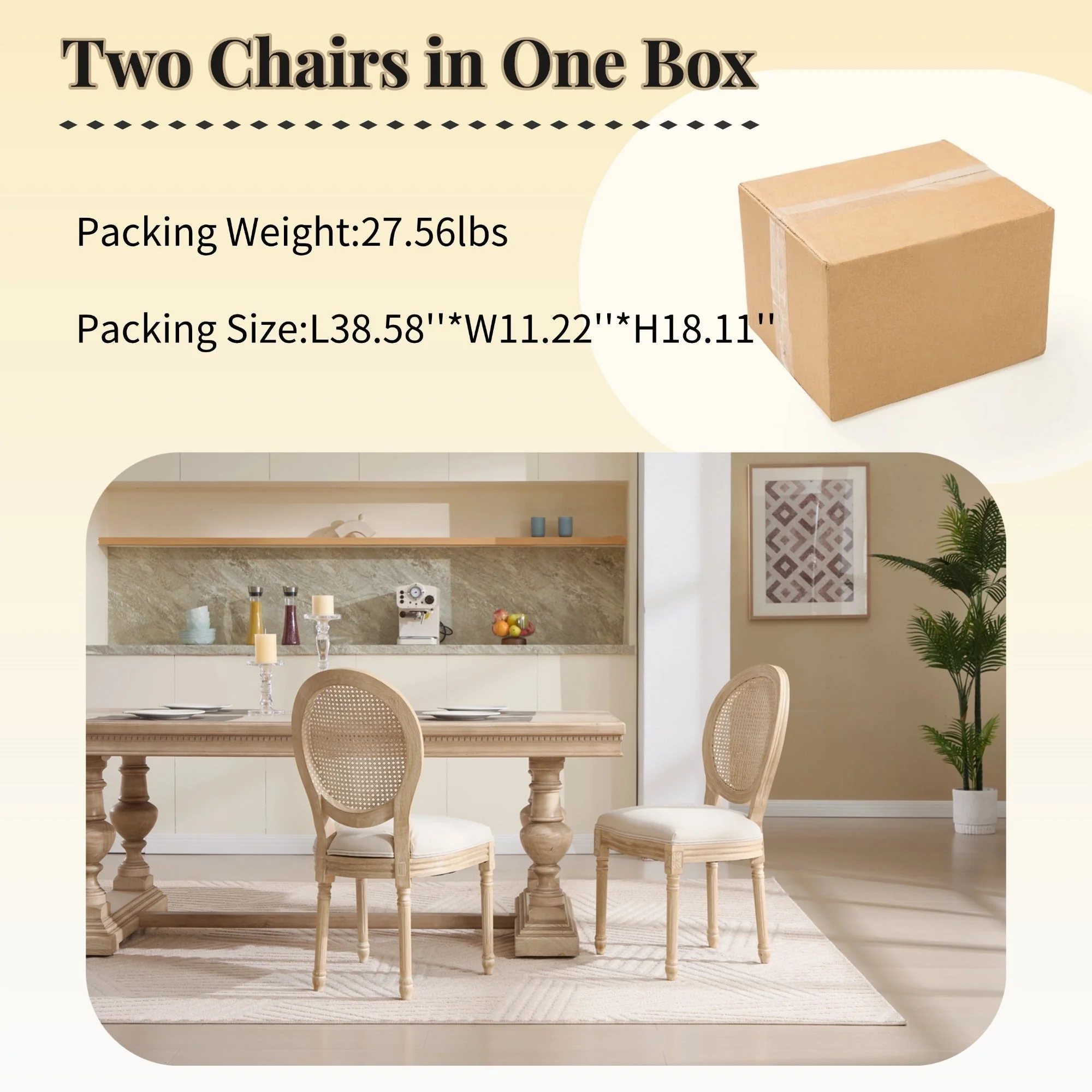 French Country Dining Chairs Set of 2 Upholstered with Rattan Back - Image 9