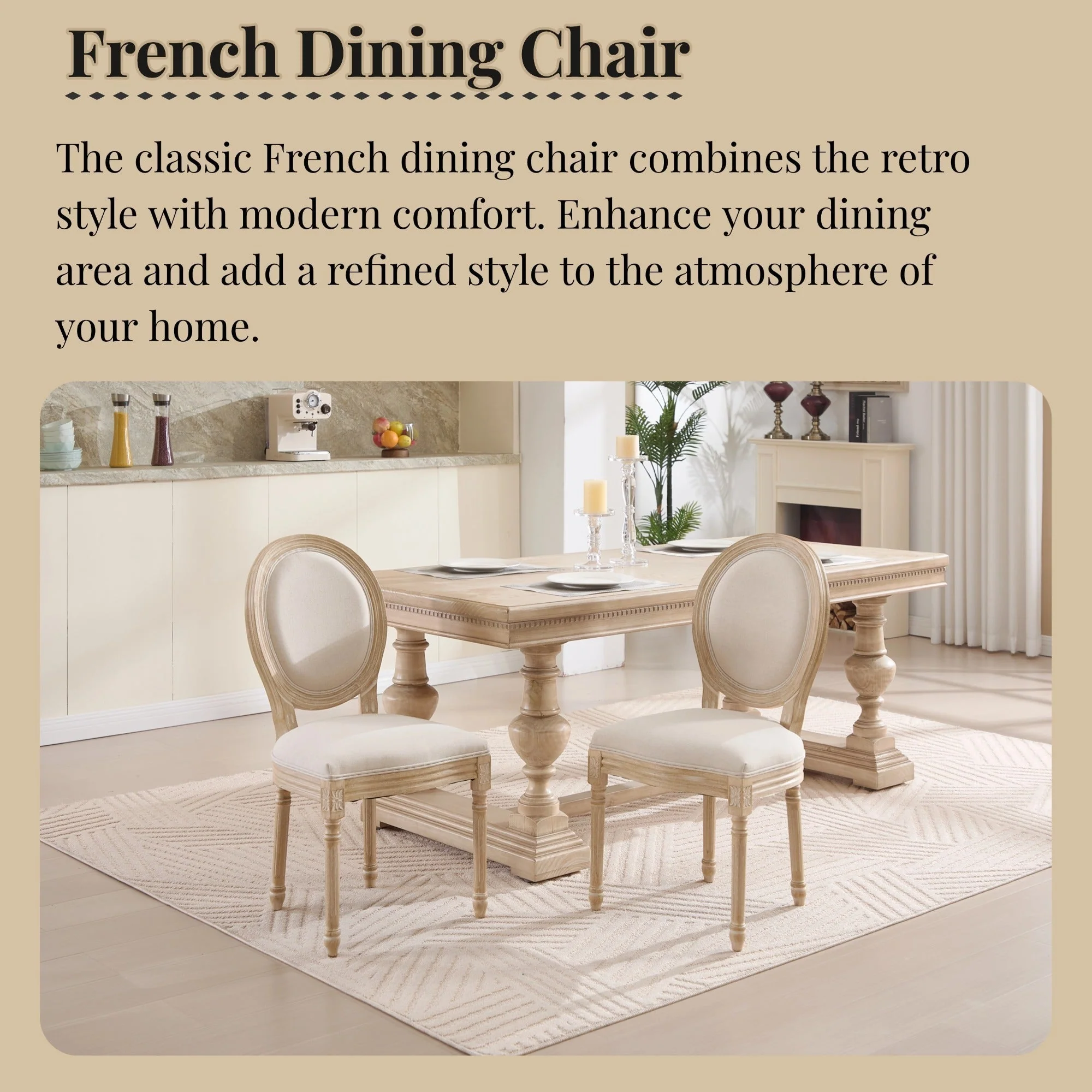 French Country Dining Chairs Set of 2 with Upholstered Round Back - Image 3