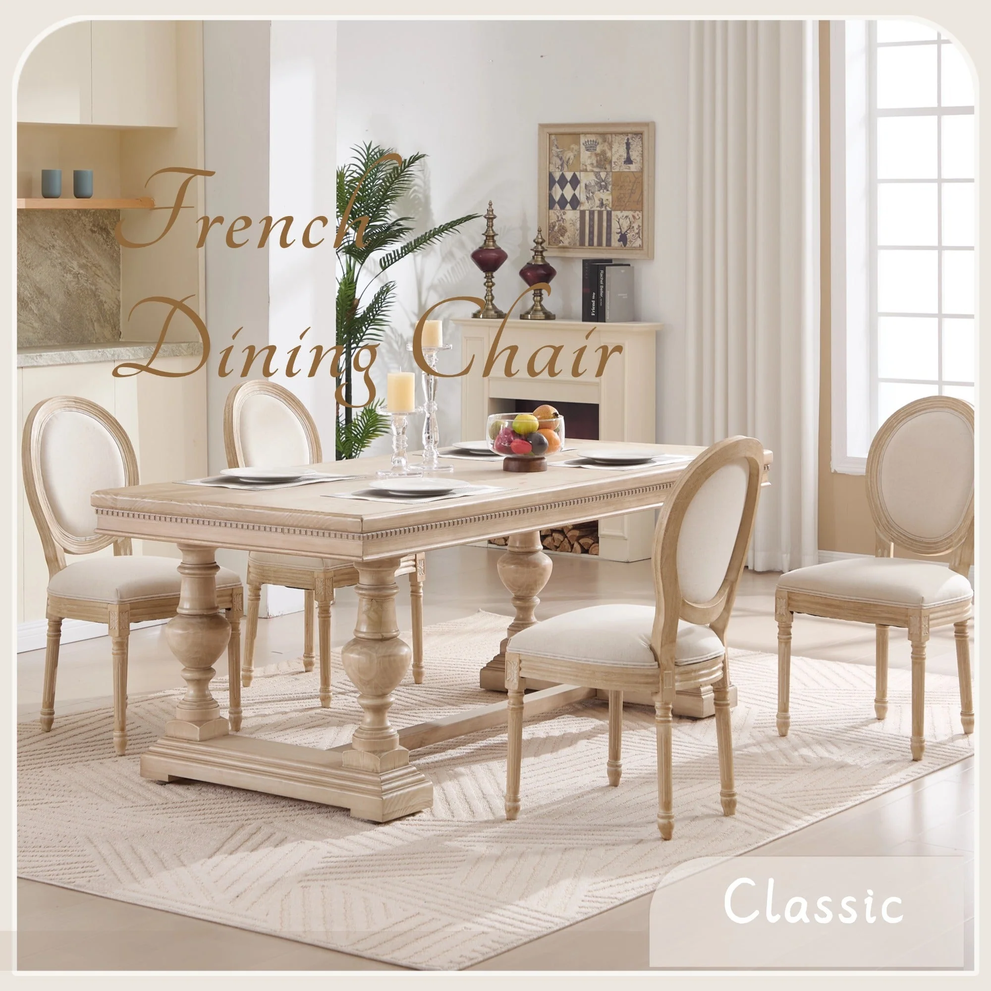 French Country Dining Chairs Set of 2 with Upholstered Round Back - Image 9