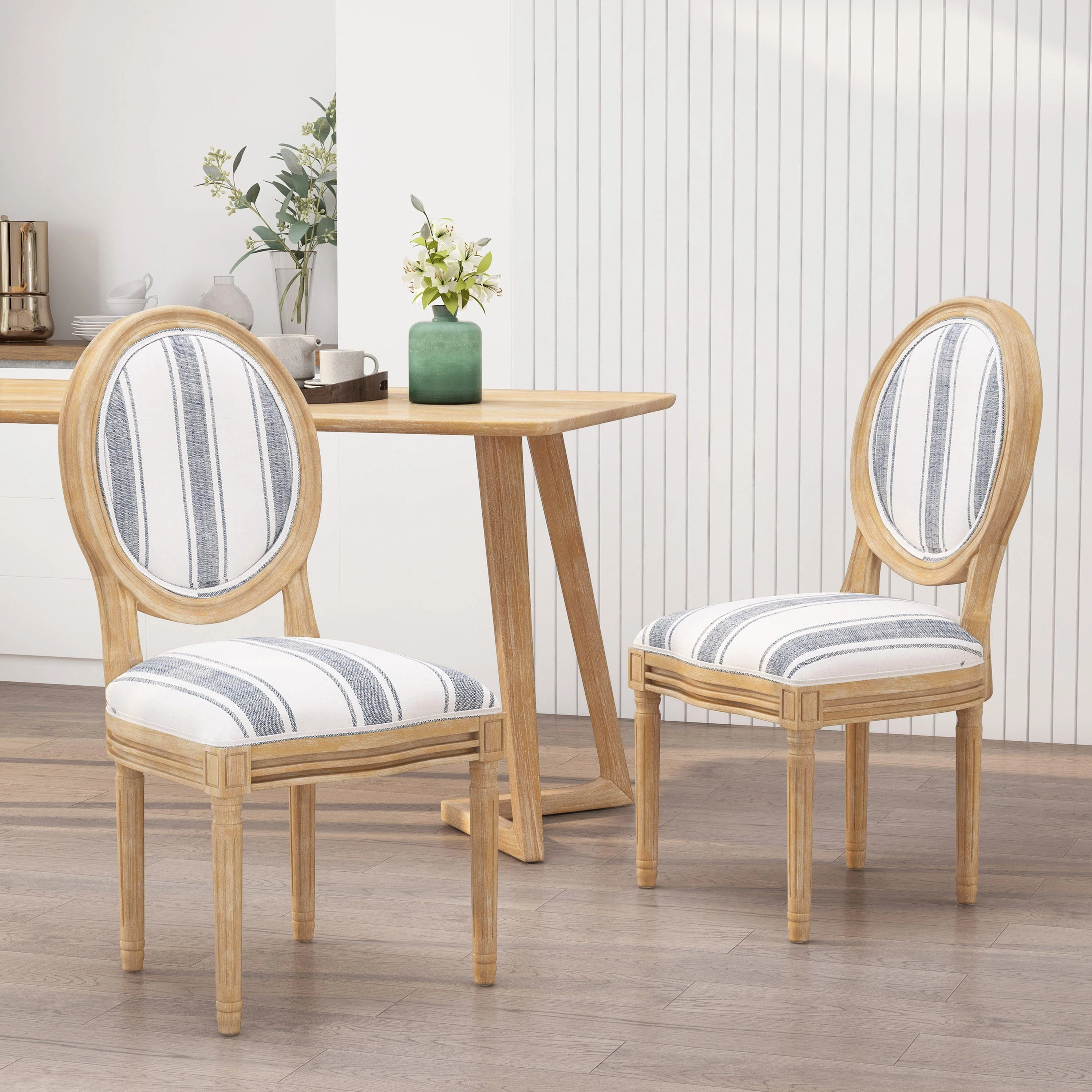 French Country-Inspired KD Dining Chair with Iconic Round Backrest in Blue Fabric - Image 2