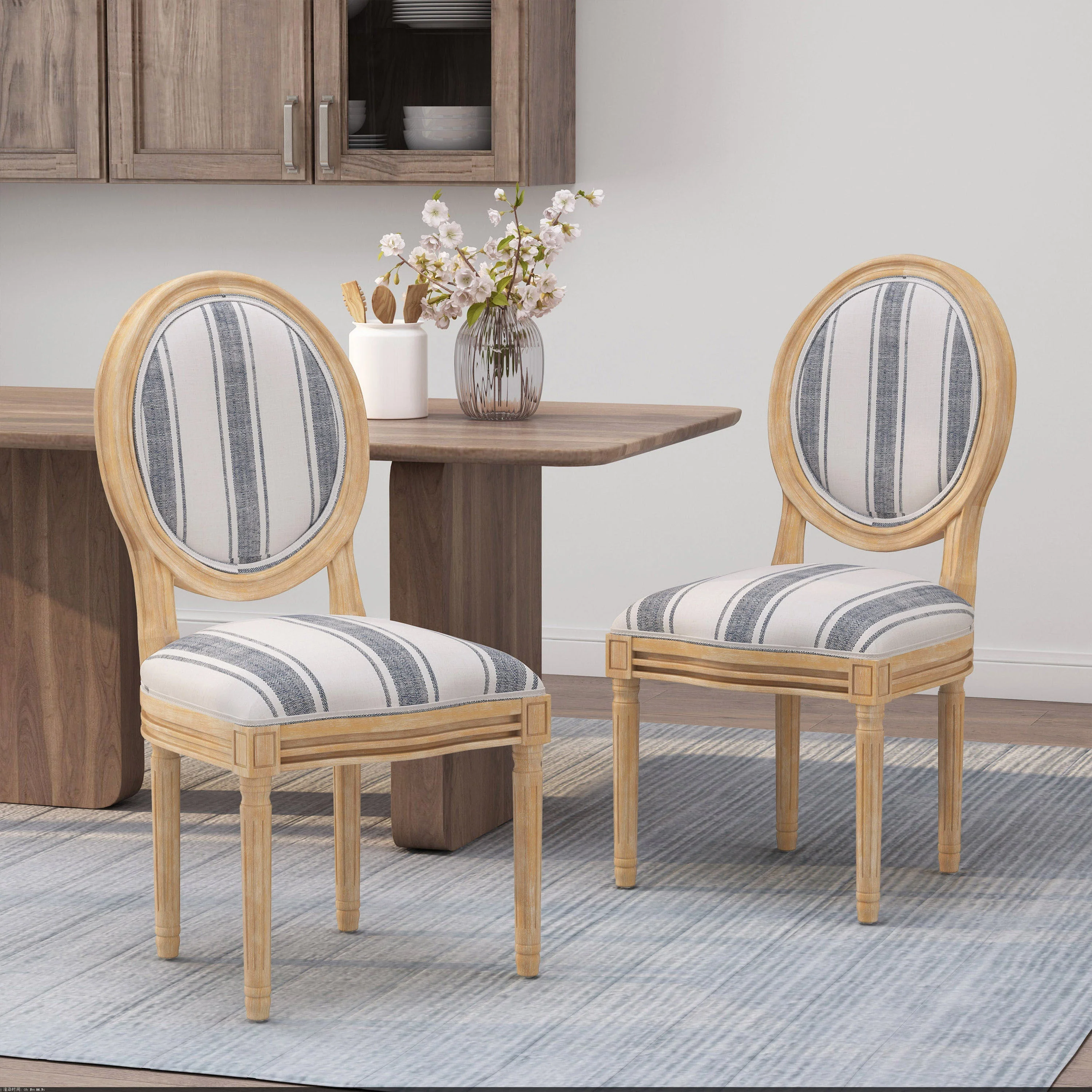 French Country-Inspired KD Dining Chair with Iconic Round Backrest in Blue Fabric - Image 5