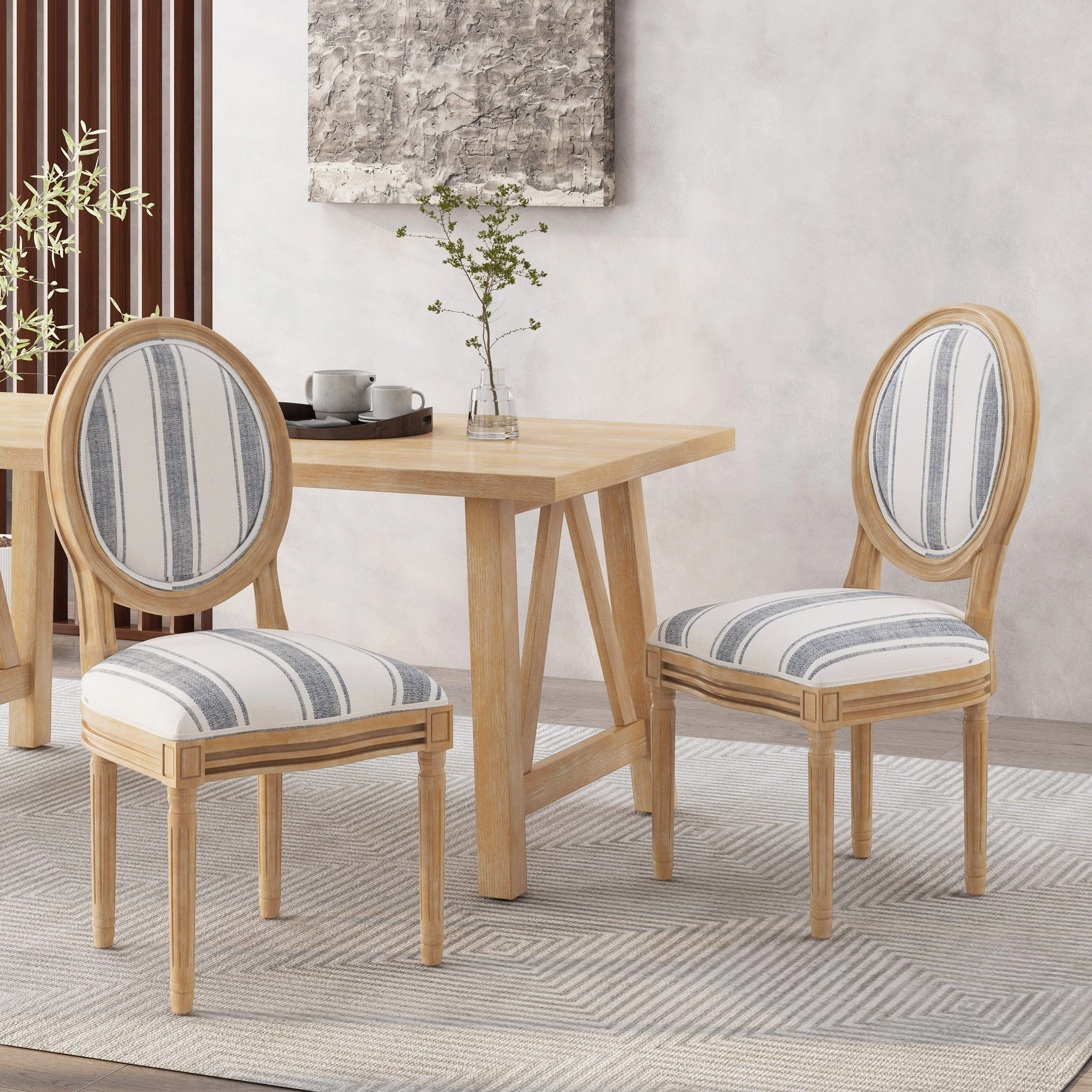 French Country-Inspired KD Dining Chair with Iconic Round Backrest in Blue Fabric - Image 6