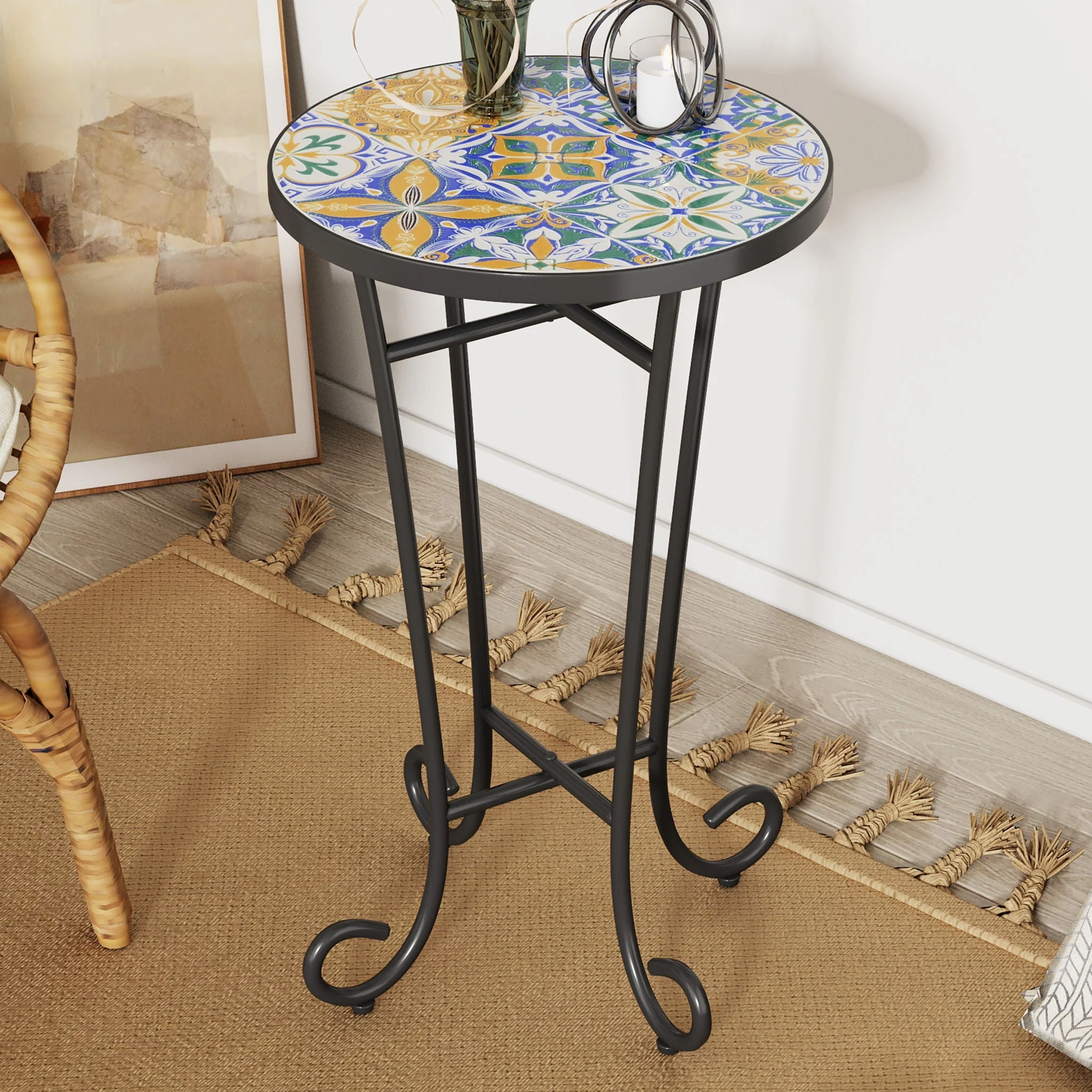 French Country Patio Side Table With Vibrant Tile Top - Image 6