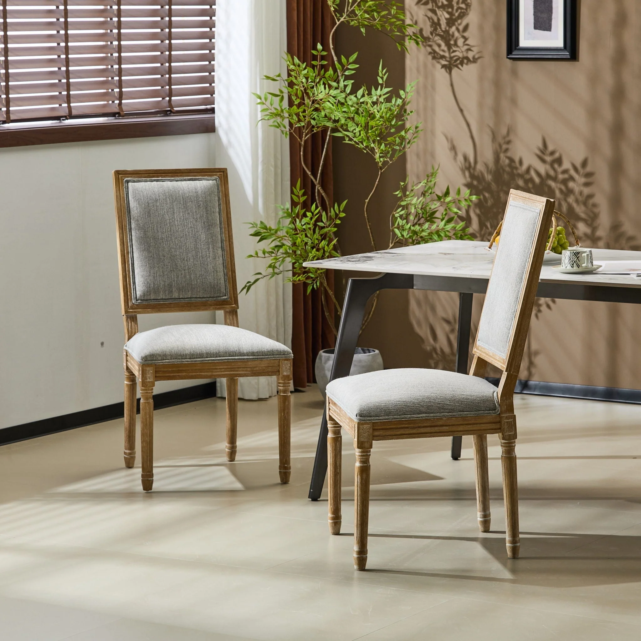 French Country Style Dining Chair With Upholstered Seating And Fluted Legs - Image 31
