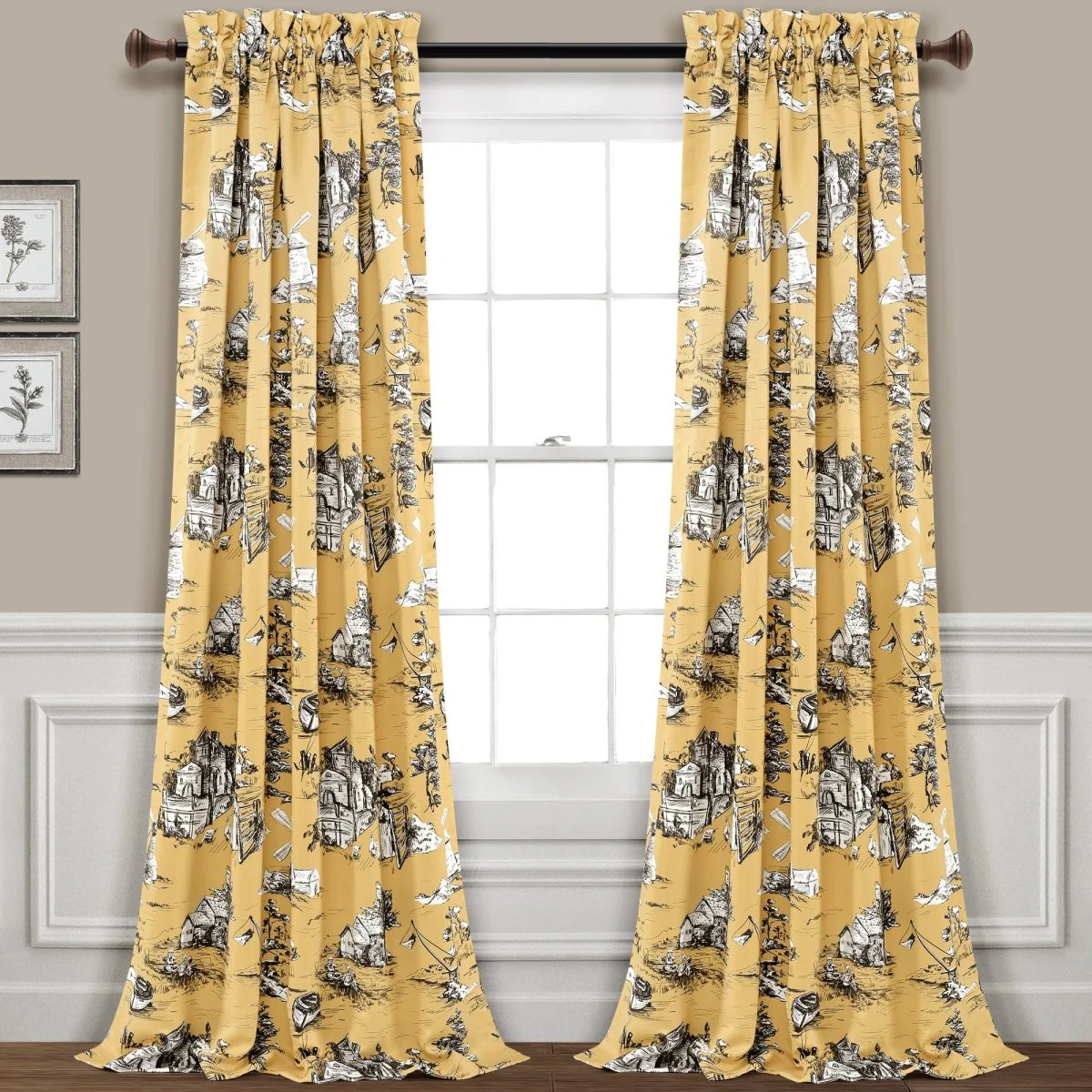 French Country Toile Room Darkening Window Curtain Set - Image 2
