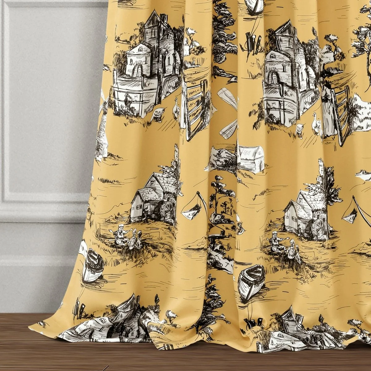 French Country Toile Room Darkening Window Curtain Set - Image 6