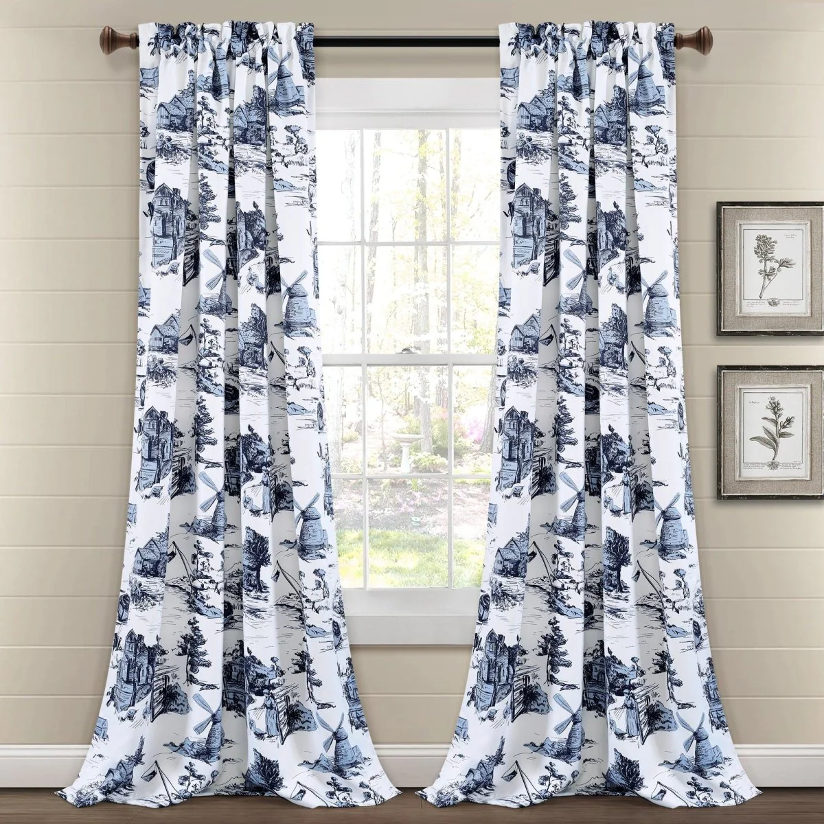 French Country Toile Room Darkening Window Curtain Set - Image 7