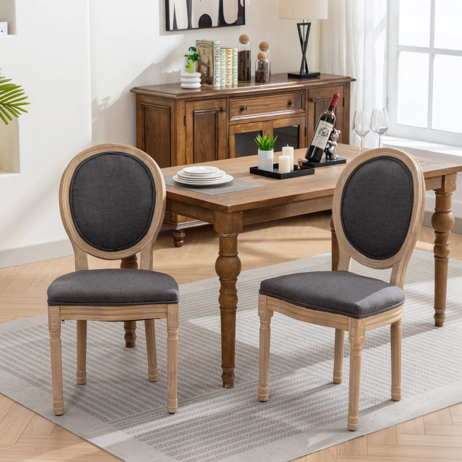 French Style Solid Wood Frame Antique Linen Dining Chair, Set of 2 - Image 12