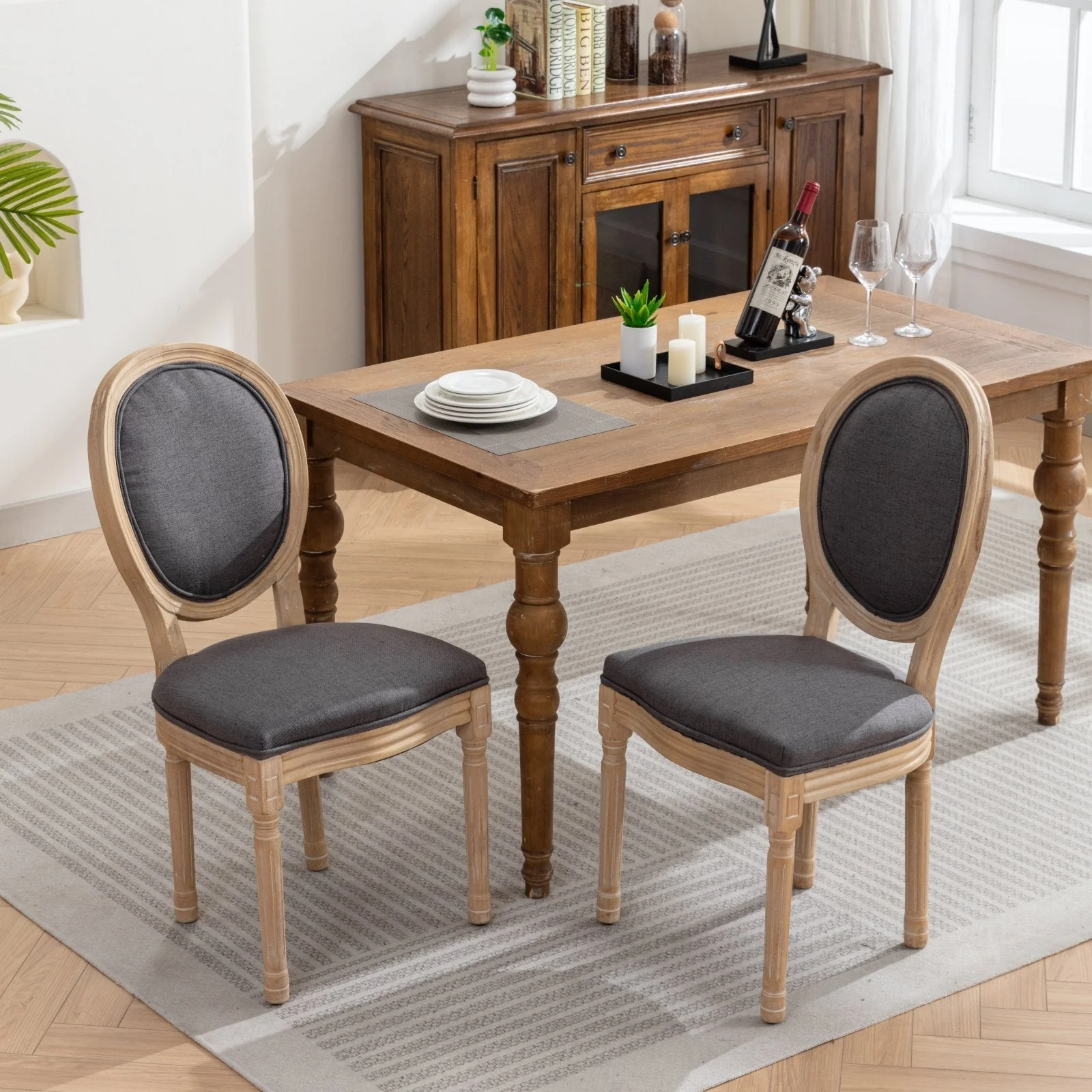 French Style Solid Wood Frame Antique Linen Dining Chair, Set of 2 - Image 13