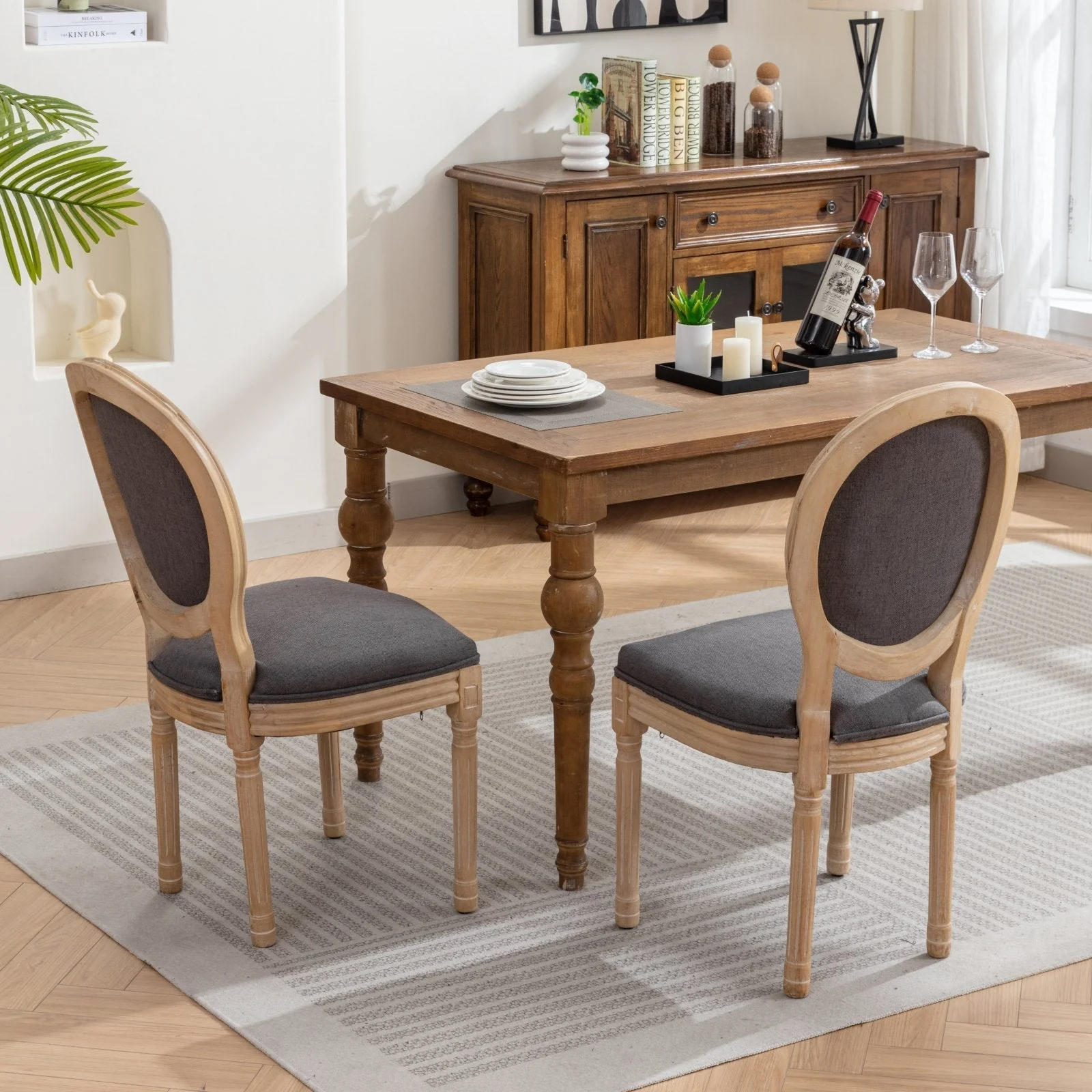 French Style Solid Wood Frame Antique Linen Dining Chair, Set of 2 - Image 14