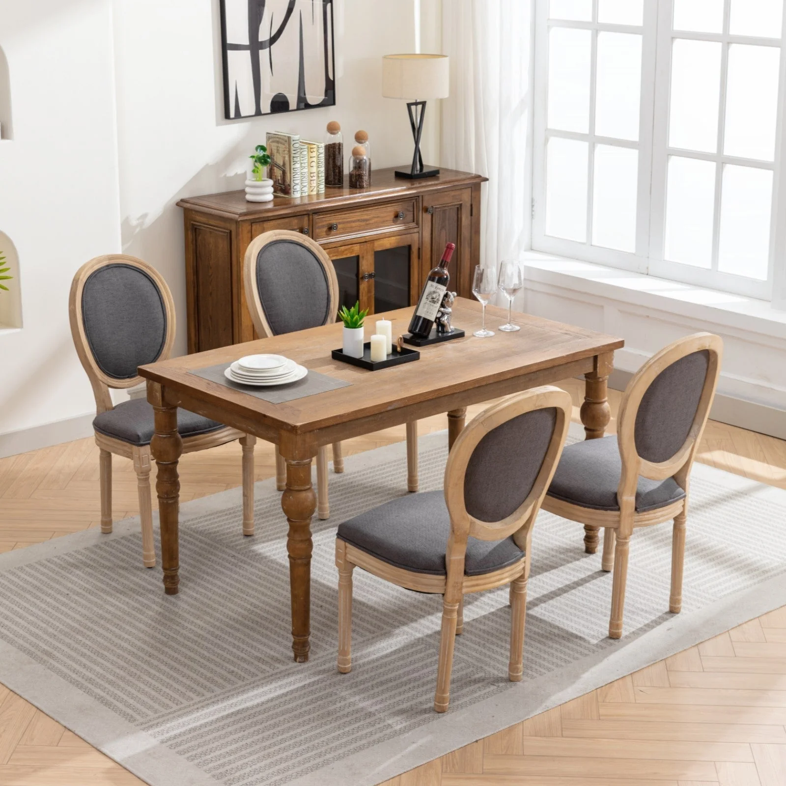 French Style Solid Wood Frame Antique Linen Dining Chair, Set of 2 - Image 15