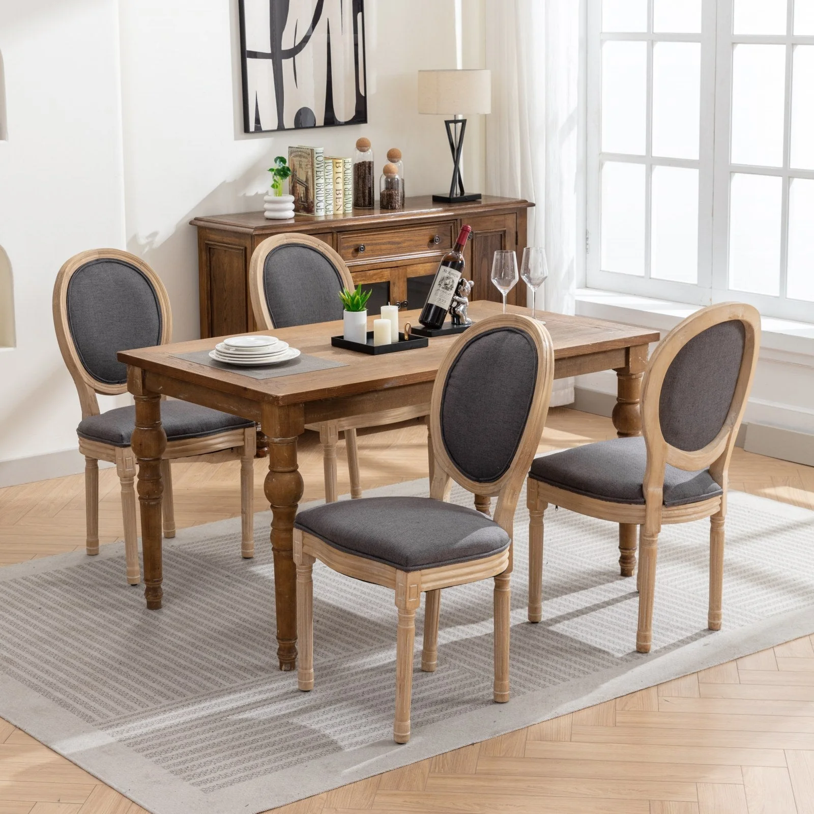 French Style Solid Wood Frame Antique Linen Dining Chair, Set of 2 - Image 16