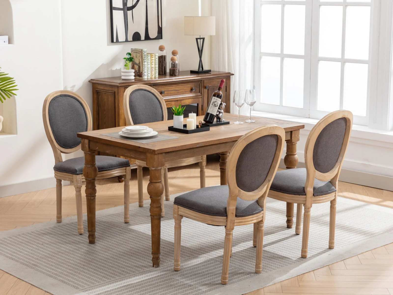 French Style Solid Wood Frame Antique Linen Dining Chair, Set of 2 - Image 17