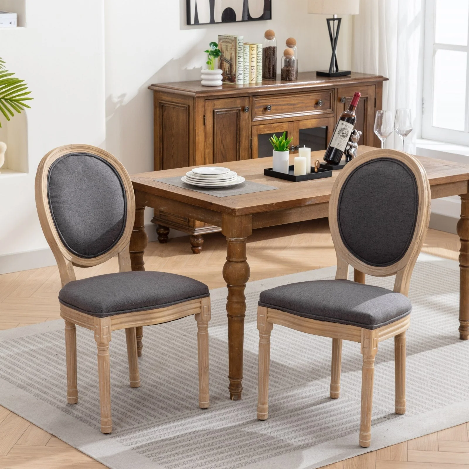 French Style Solid Wood Frame Antique Linen Dining Chair, Set of 2 - Image 2
