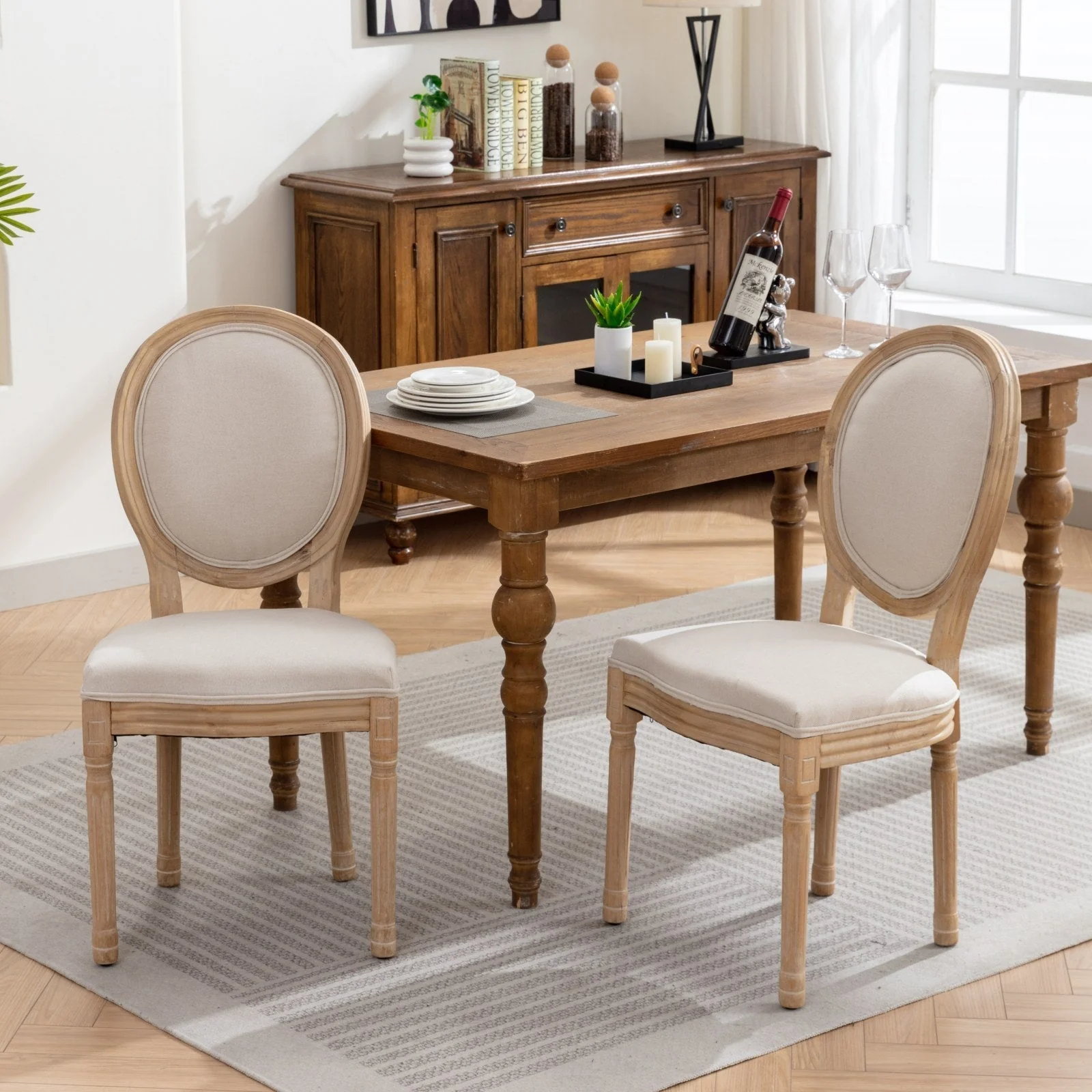 French Style Solid Wood Frame Linen Back Dining Chair Set of 2 - Image 12