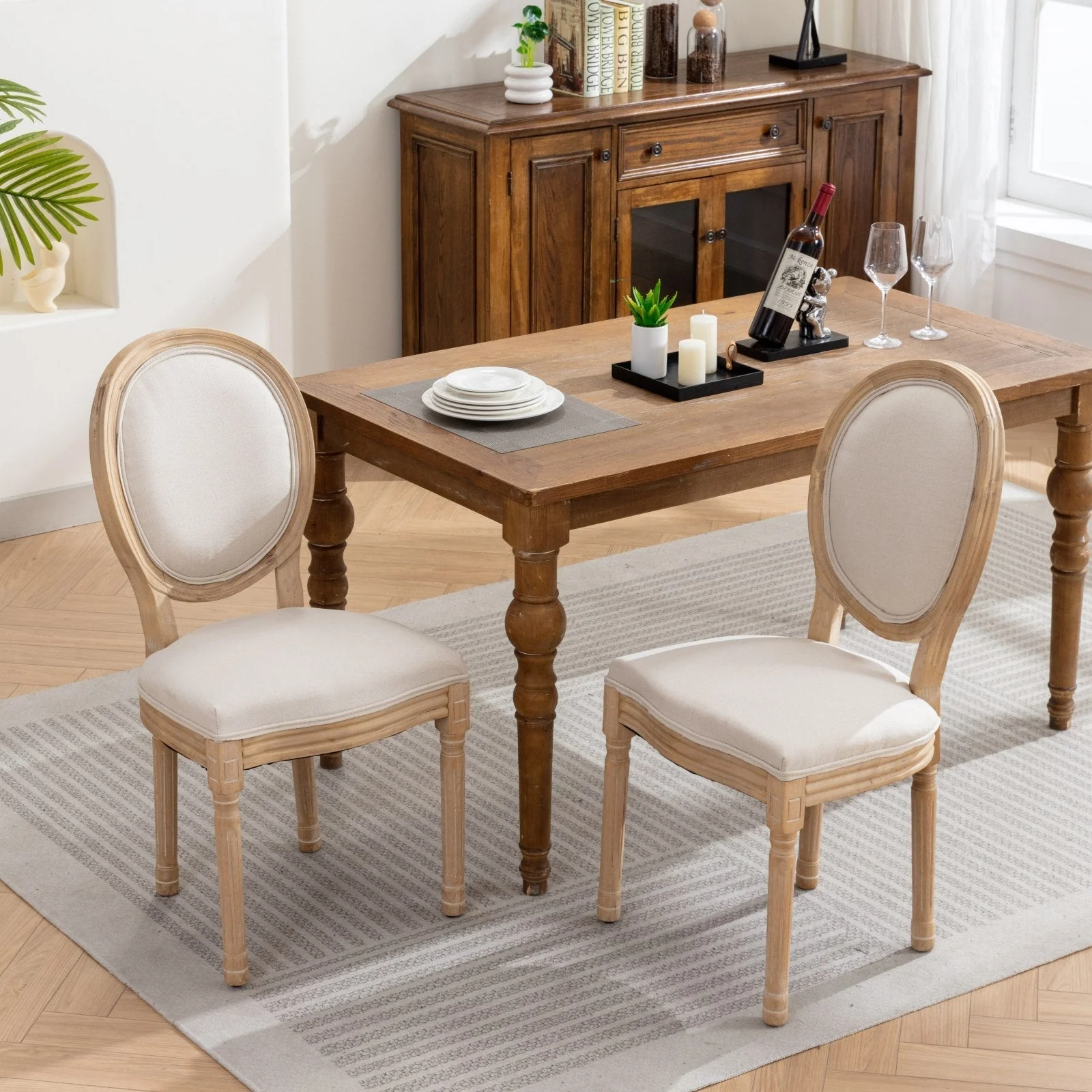 French Style Solid Wood Frame Linen Back Dining Chair Set of 2 - Image 13