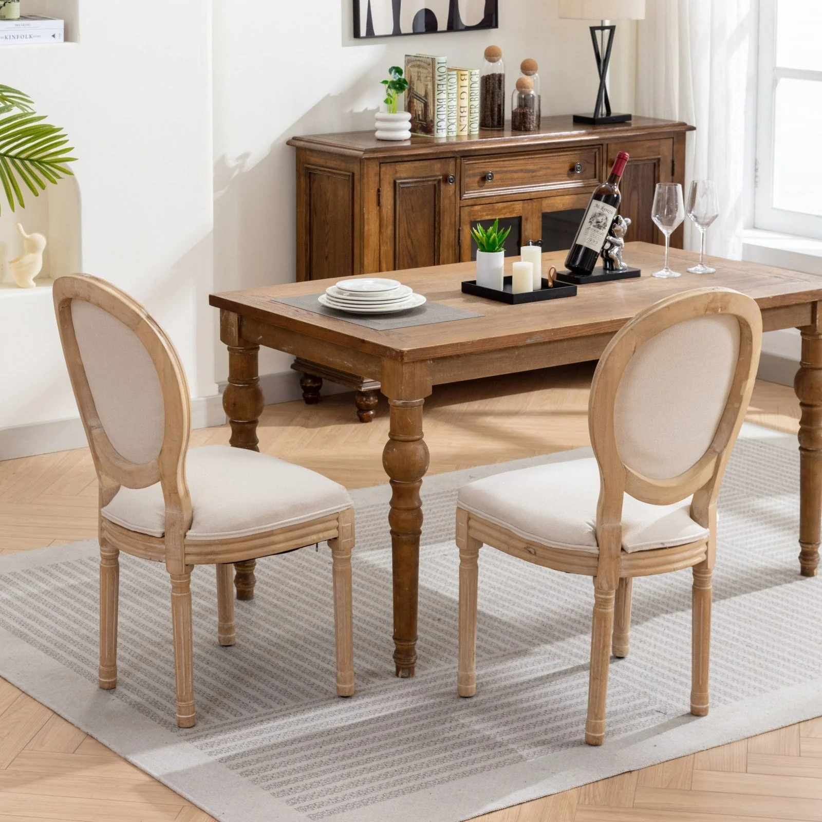 French Style Solid Wood Frame Linen Back Dining Chair Set of 2 - Image 14
