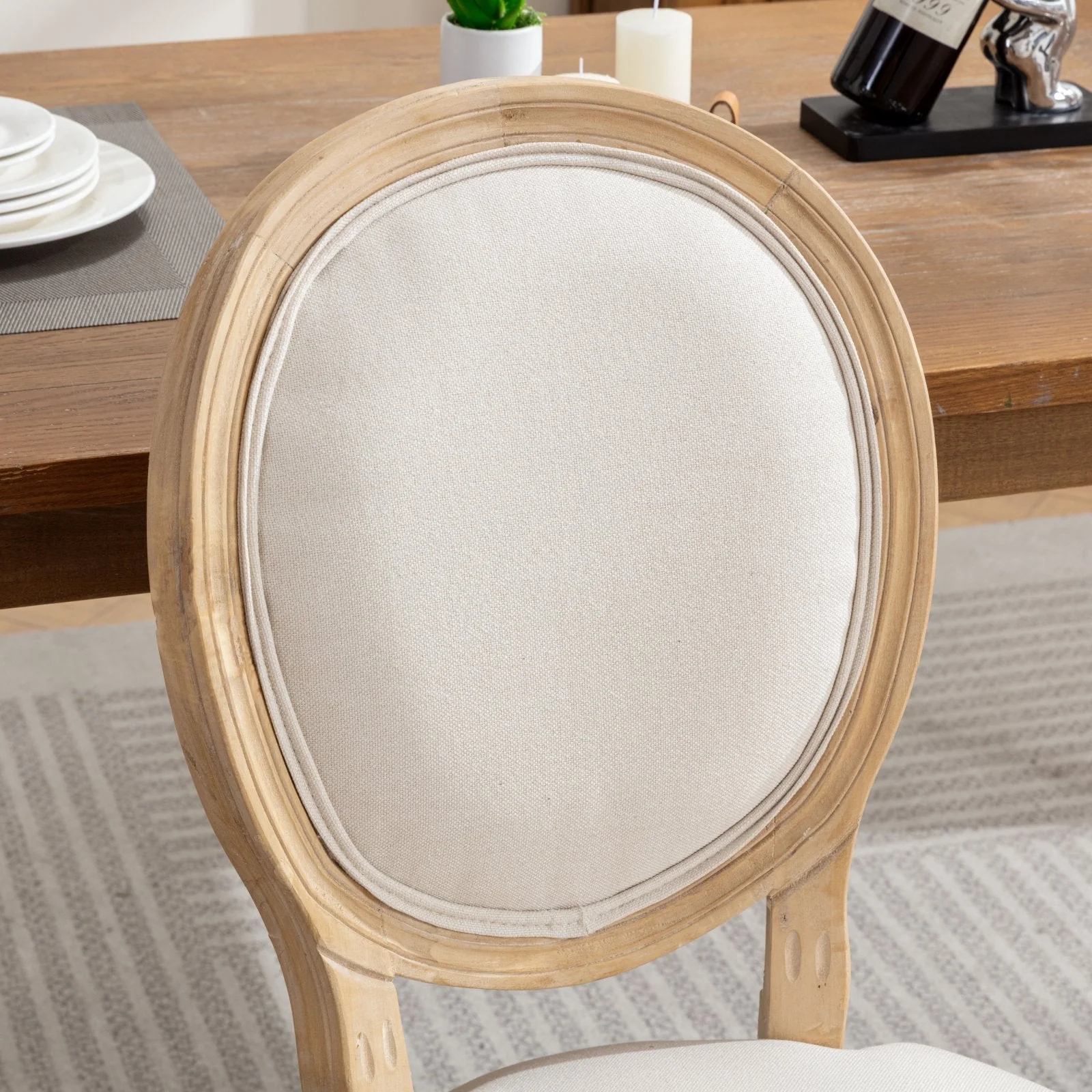 French Style Solid Wood Frame Linen Back Dining Chair Set of 2 - Image 8