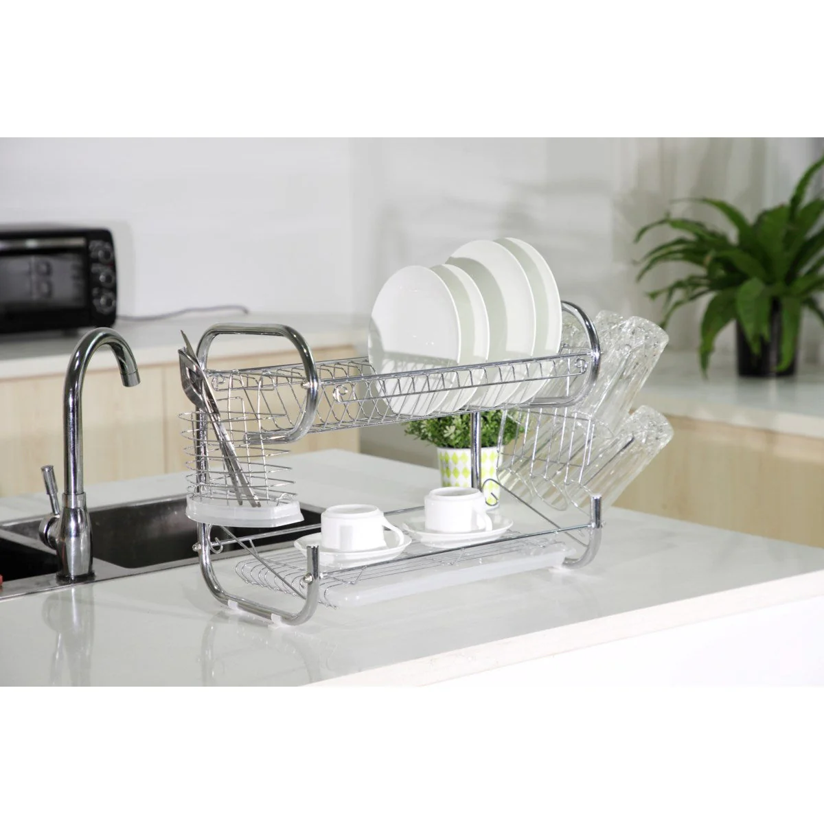 Fresh Stainless Steel Chrome 2-Tier Dish Rack with Utensil Holder & Cutting Board Holder - Image 4