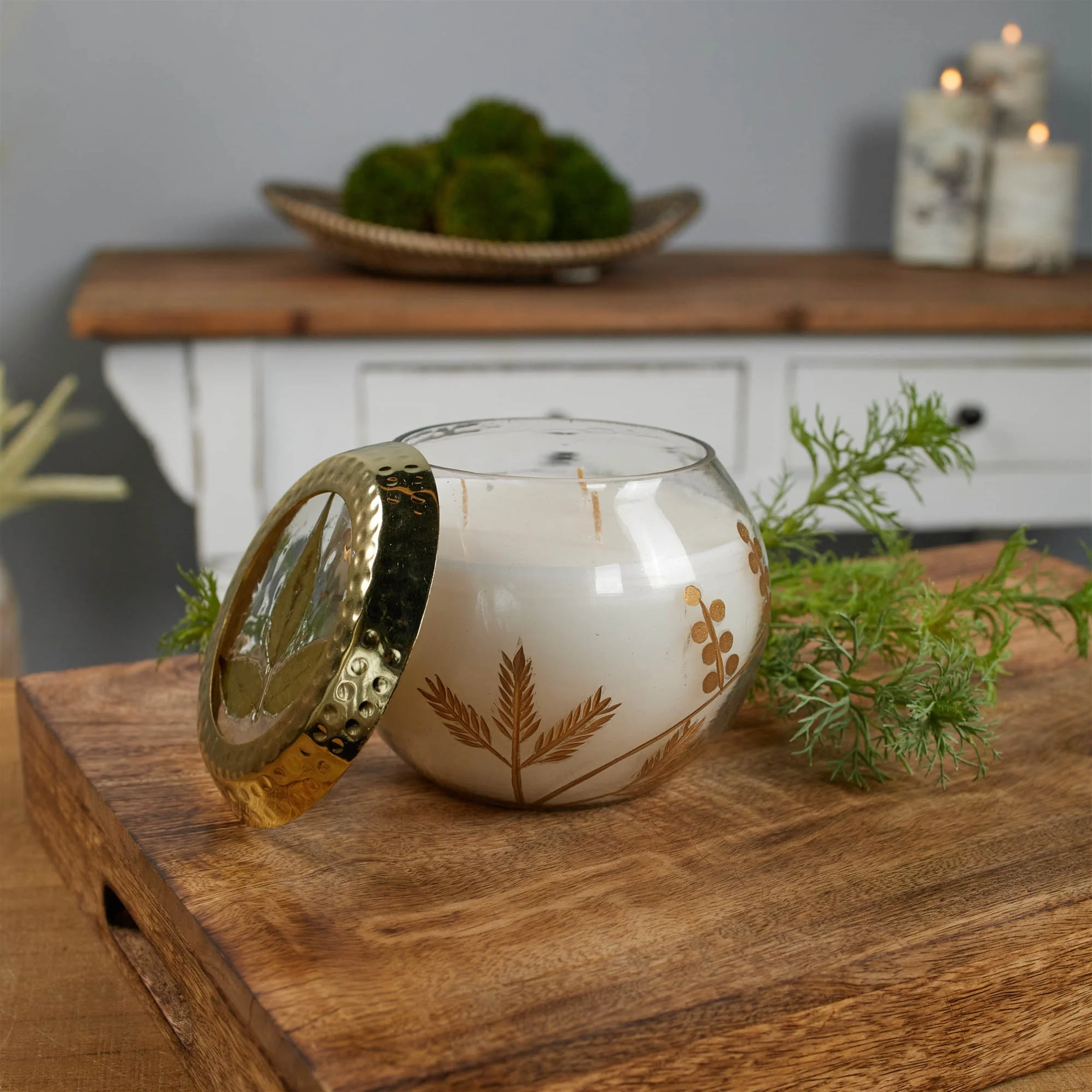 Frosted Juniper Scented Soy Candle with Pressed Leaf Lid 5"D - Image 2
