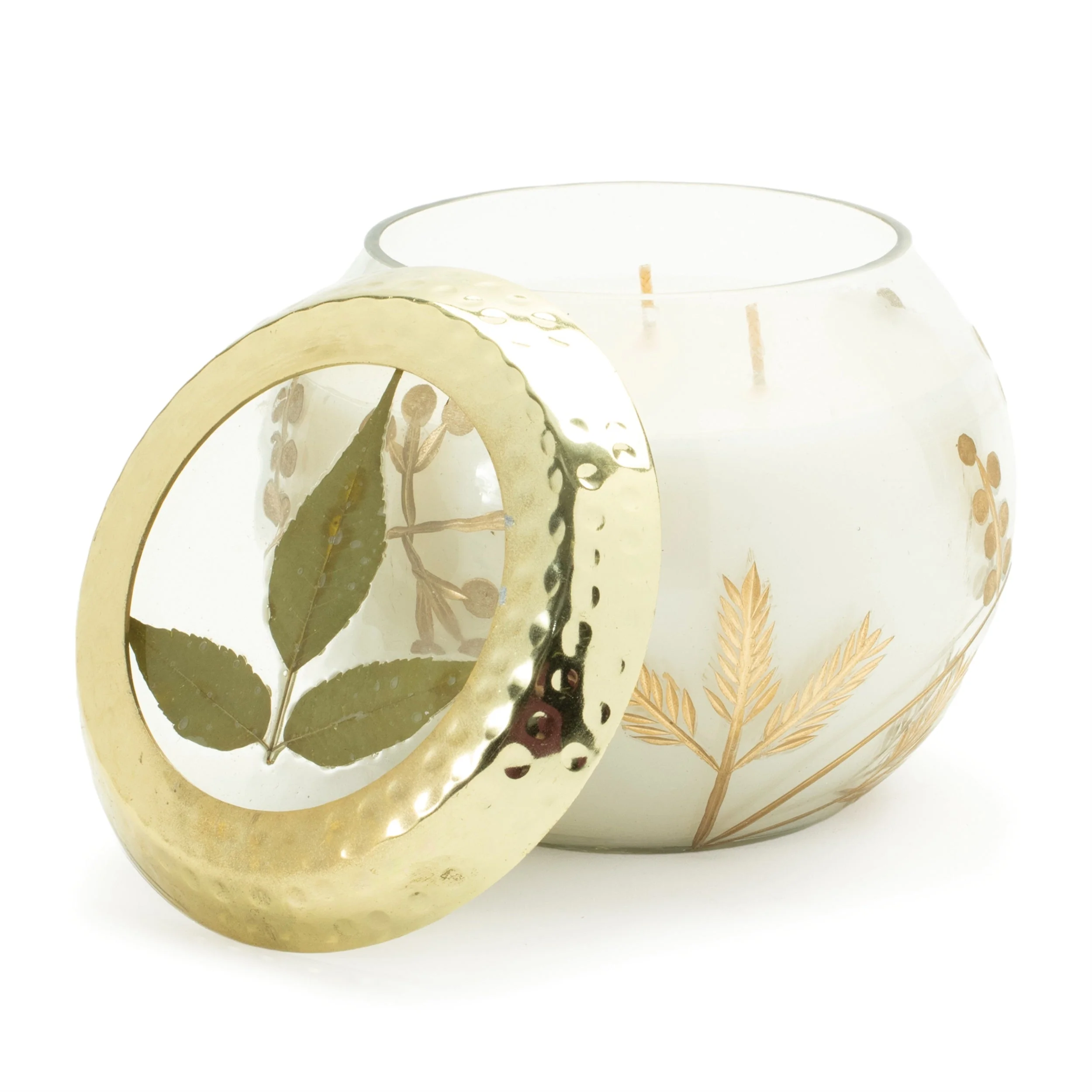 Frosted Juniper Scented Soy Candle with Pressed Leaf Lid 5"D - Image 3