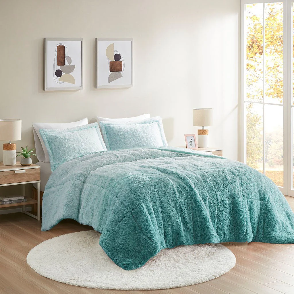 Full/Queen Ombre Shaggy Long Fur Comforter Mini Set - Image 9