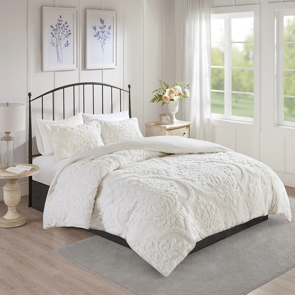 Full/Queen Tufted Cotton Chenille Damask Duvet Cover Set - Image 5