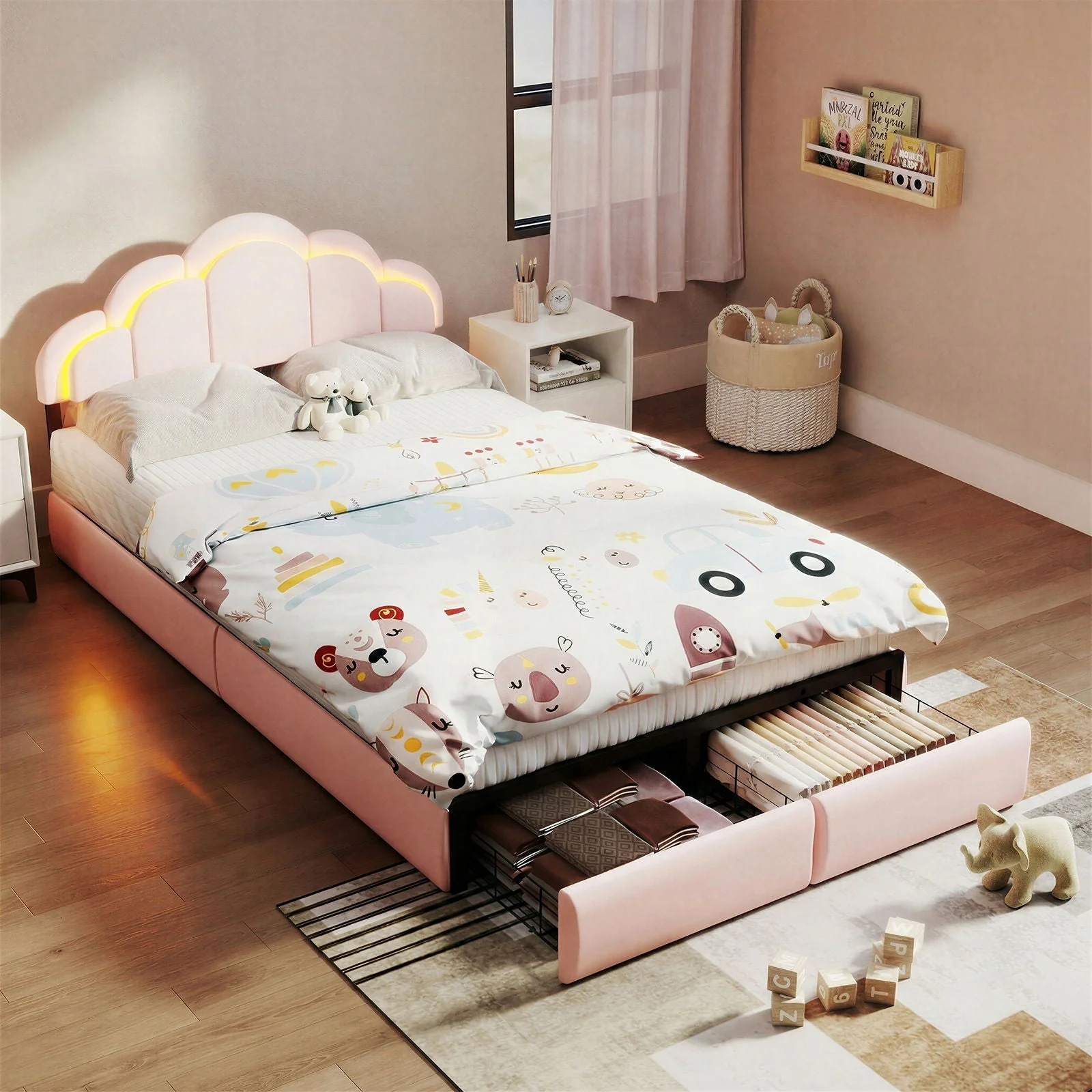 Full RGB LED Upholstered Platform Bed With Petal Headboard And Storage Drawers For Kids Bedroom - Pink - Image 2