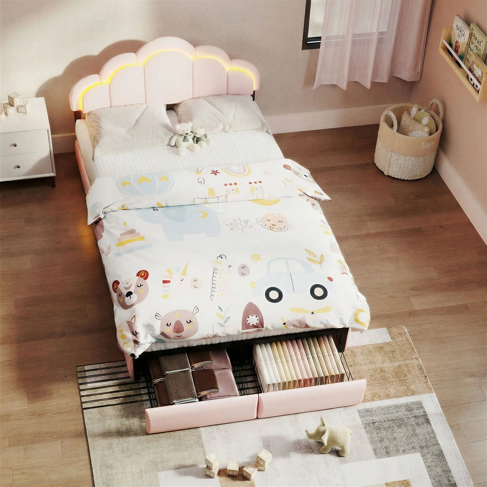 Full RGB LED Upholstered Platform Bed With Petal Headboard And Storage Drawers For Kids Bedroom - Pink - Image 3