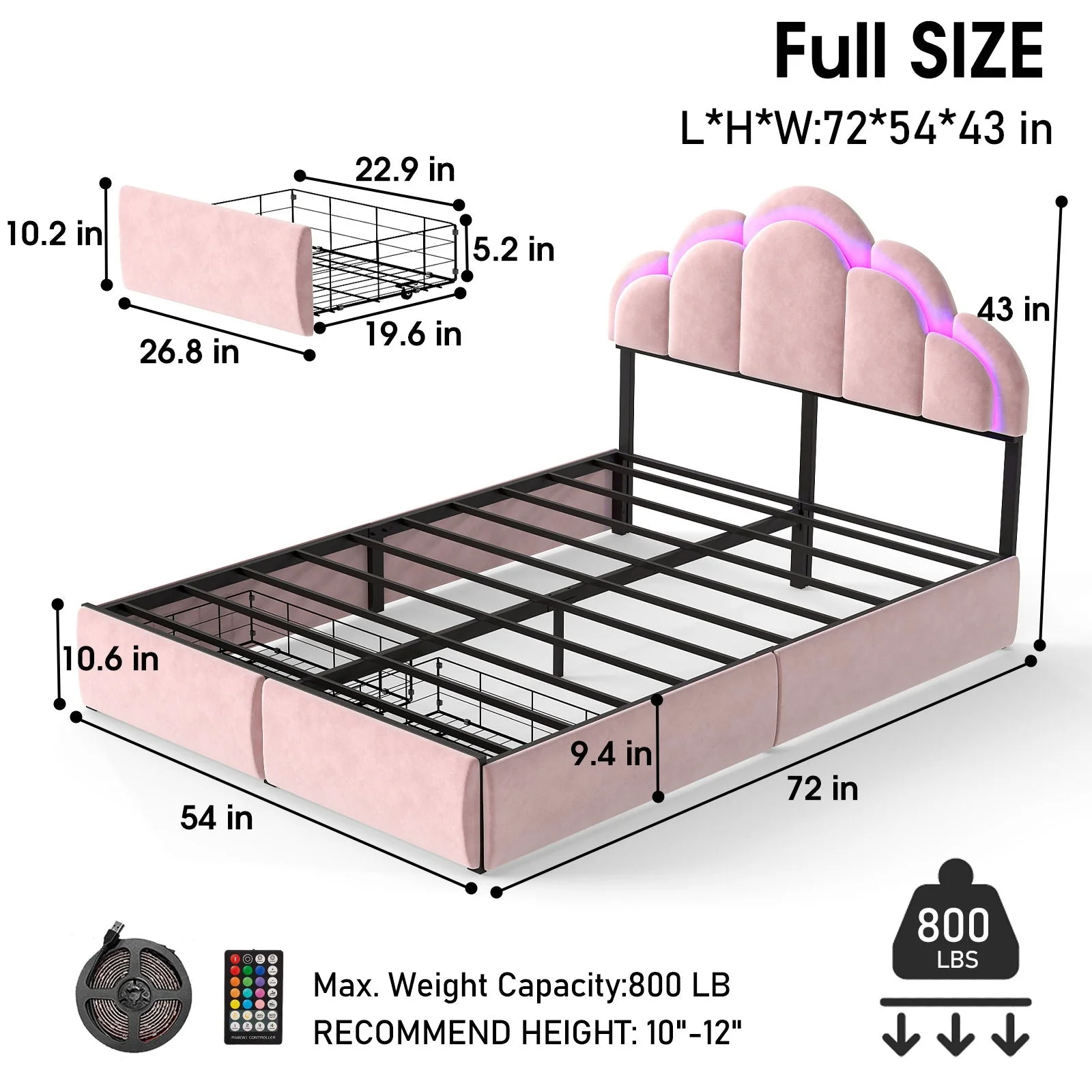 Full RGB LED Upholstered Platform Bed With Petal Headboard And Storage Drawers For Kids Bedroom - Pink - Image 4