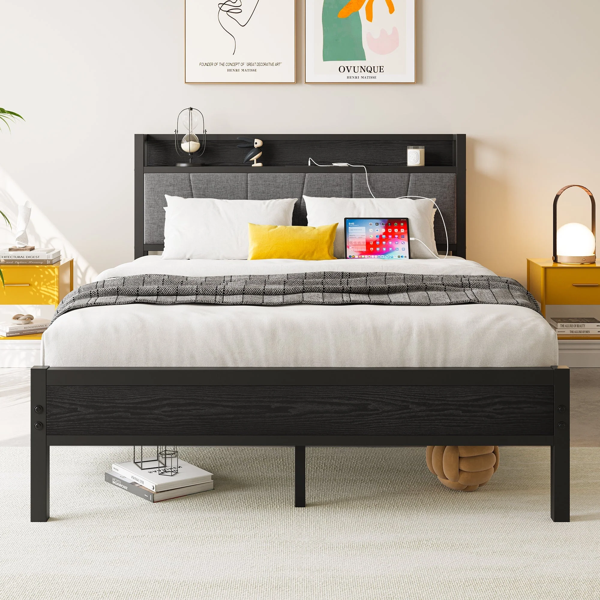 Full Size Bed Frame Storage Headboard with Charging Station - Image 2