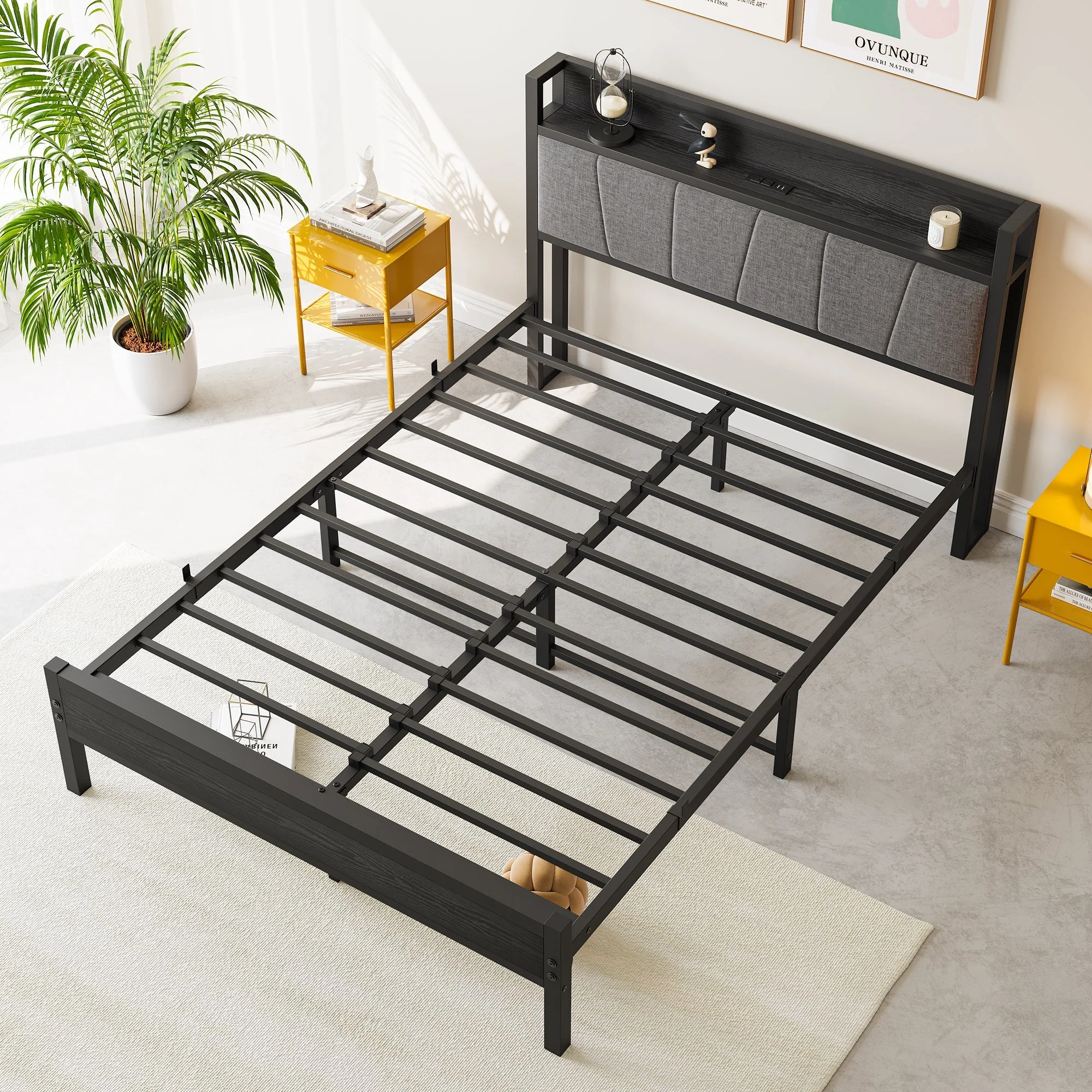 Full Size Bed Frame Storage Headboard with Charging Station - Image 3