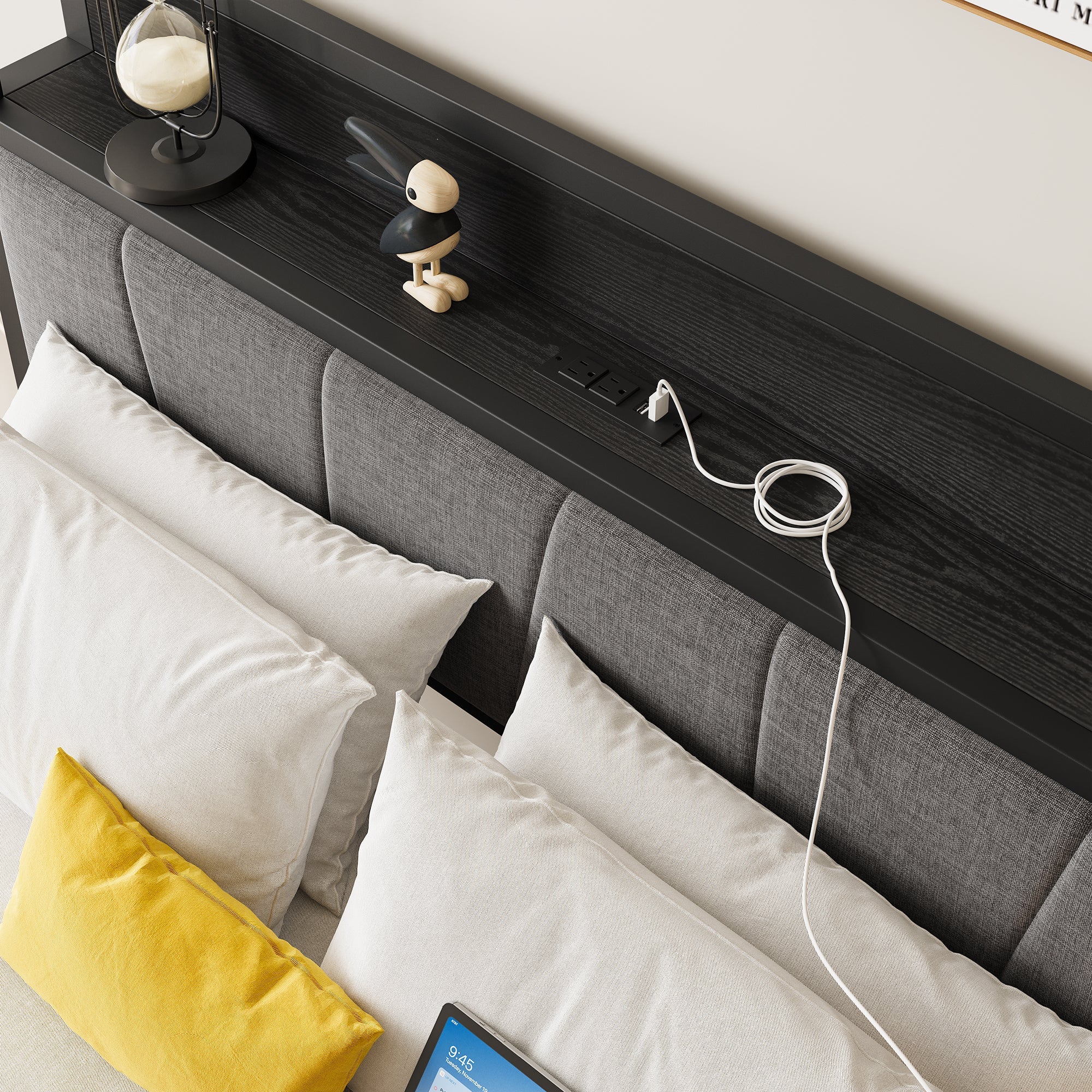 Full Size Bed Frame Storage Headboard with Charging Station - Image 5