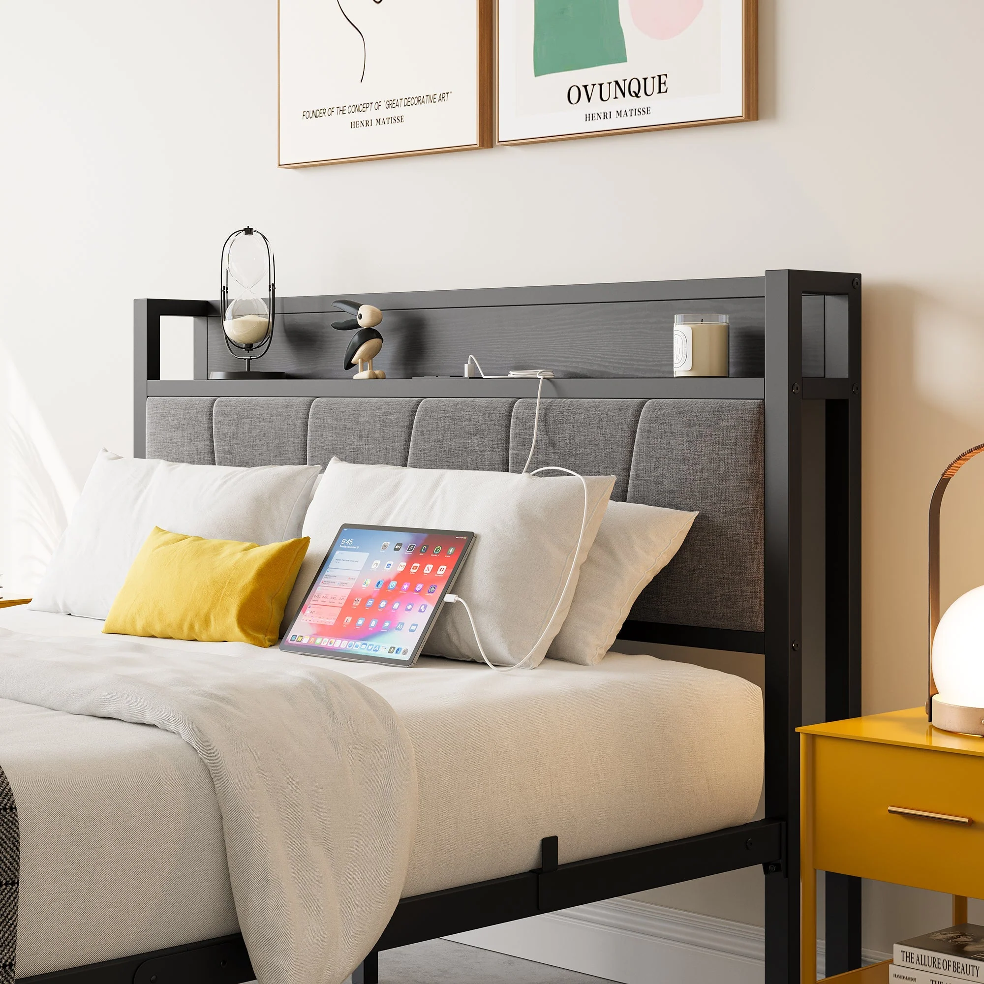 Full Size Bed Frame Storage Headboard with Charging Station - Image 6